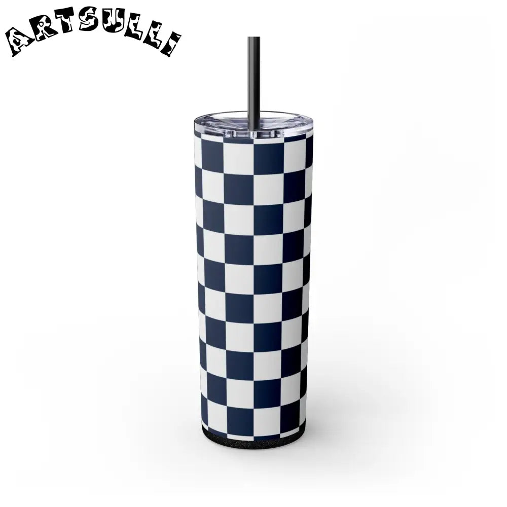 JAKKOUTTHEBXX Checkerboard White and Navy Blue Skinny Tumbler