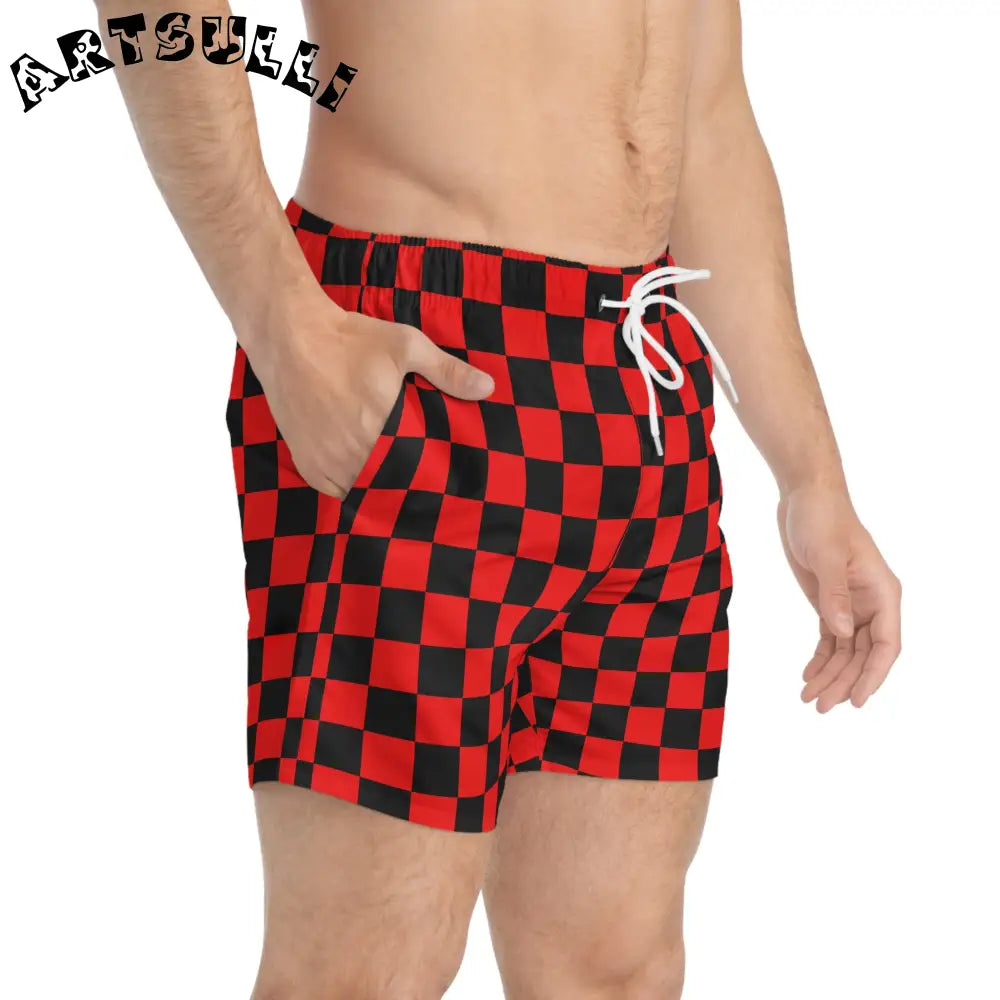 JAKKOUTTHEBXX Checkerboard II Red and Black Swim Trunks (AOP)