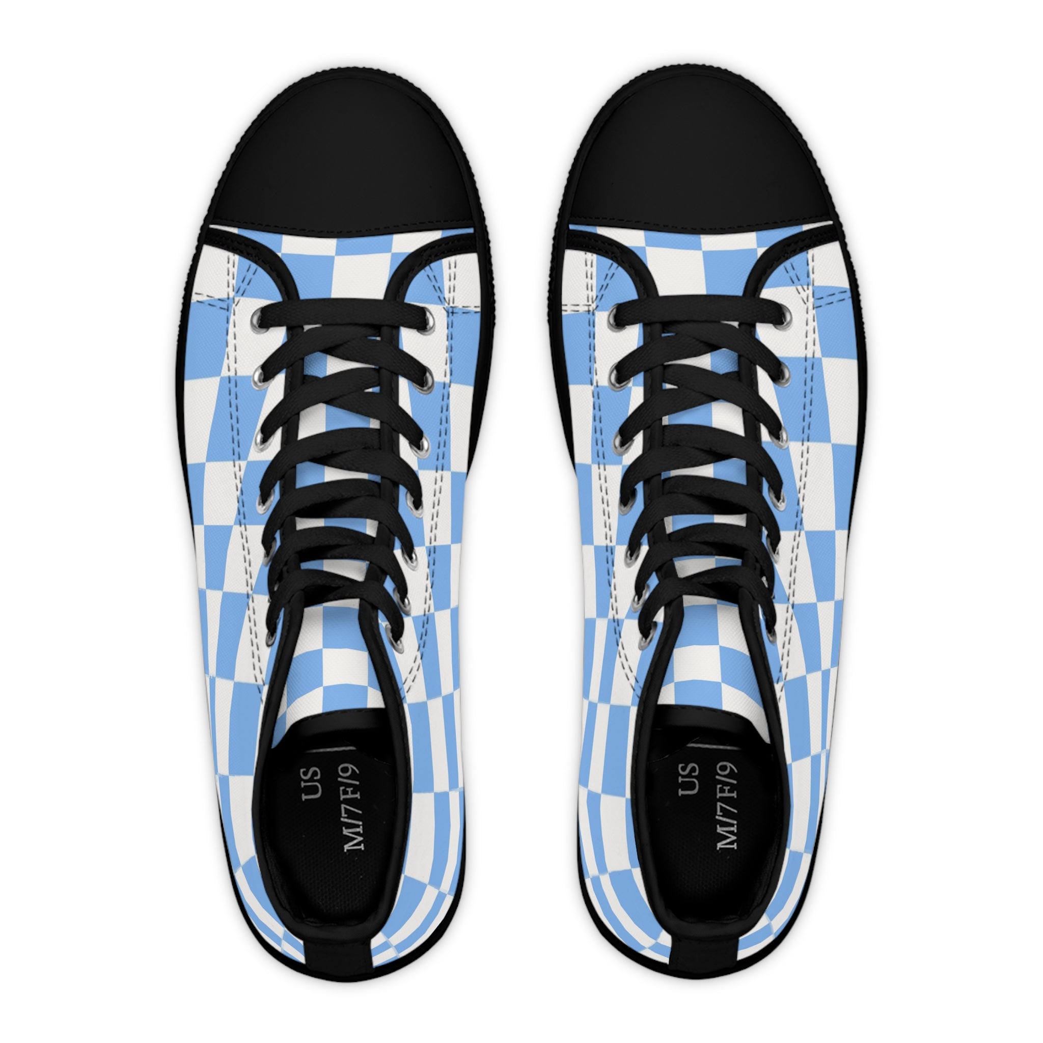 Checkerboard White and Light Blue Women's High Top Sneakers, Artsulli - Art is Long, Life is Short, Shoes, , , , , , , 