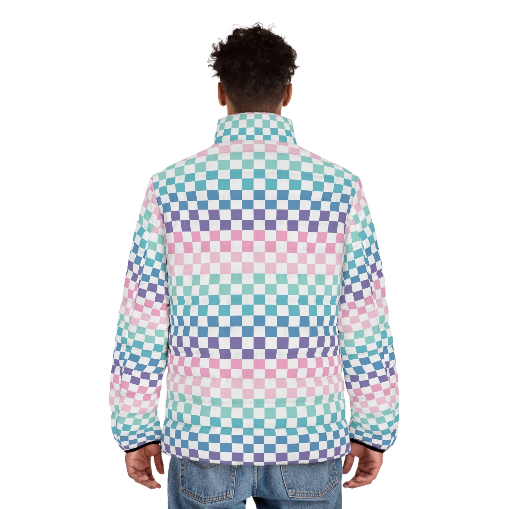Vaporwave Rainbow  Checkerboard Multi-Color Men's Puffer Jacket (AOP), Artsulli - Art is Long, Life is Short, All Over Prints, , , , , , , 