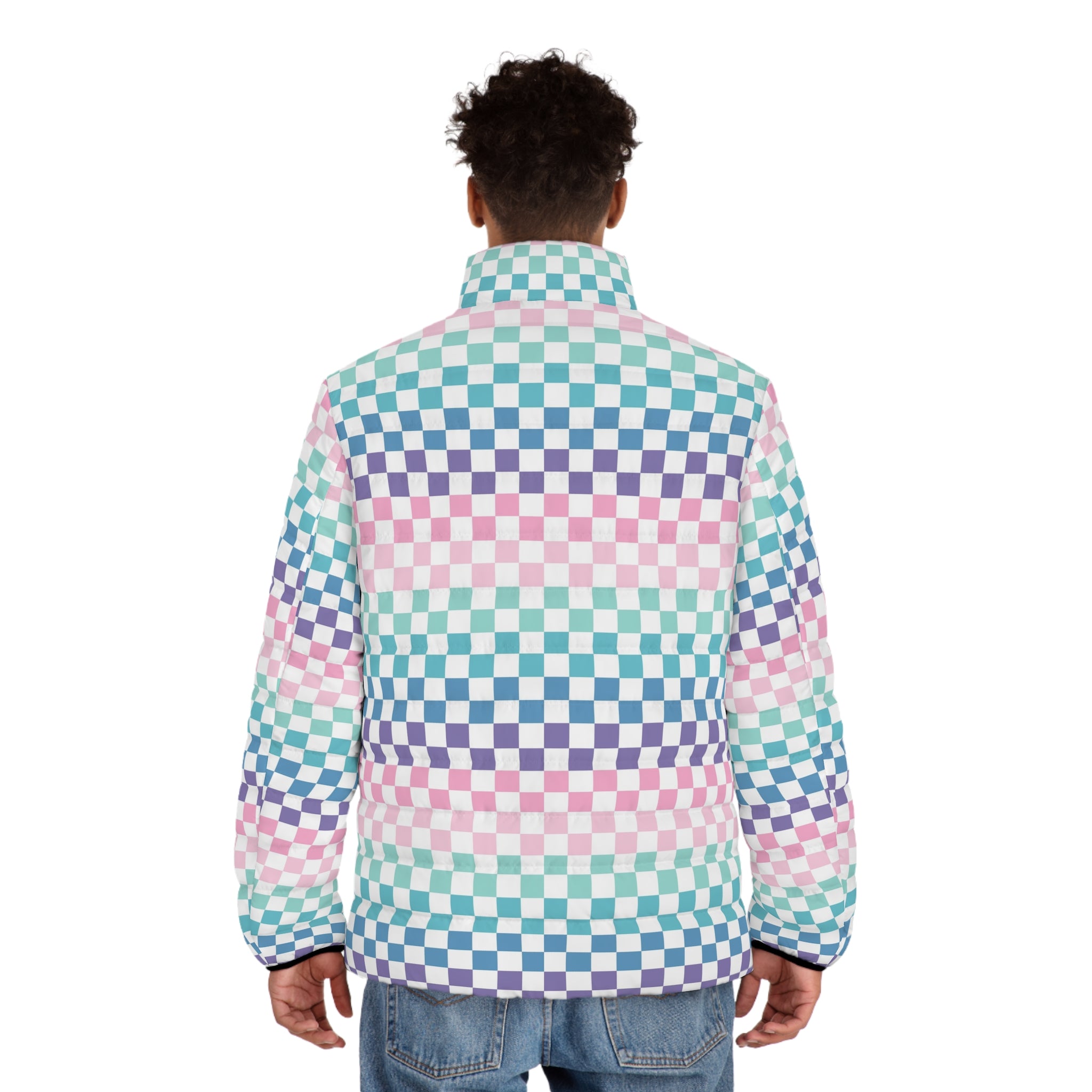 Vaporwave Rainbow  Checkerboard Multi-Color Men's Puffer Jacket (AOP), Artsulli - Art is Long, Life is Short, All Over Prints, , , , , , , 