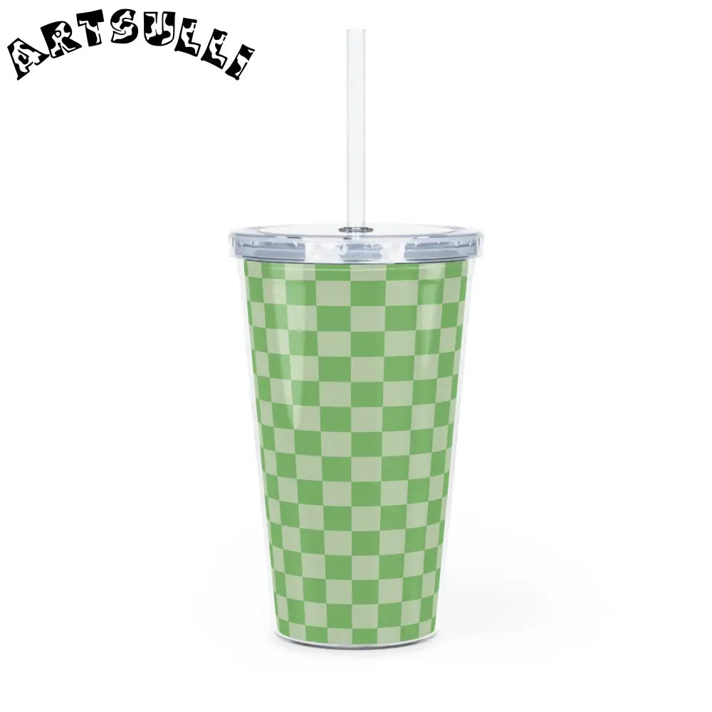 JAKKOUTTHEBXX Checkerboard II Green Plastic Tumbler with Straw