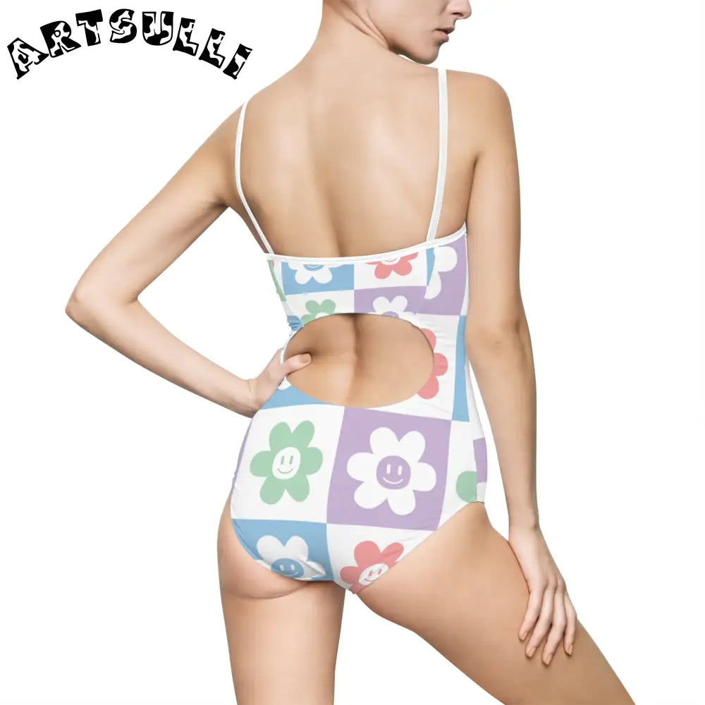 JAKKOUTTHEBXX Smiling Flower Checkerboard One-Piece Swimsuit 2025