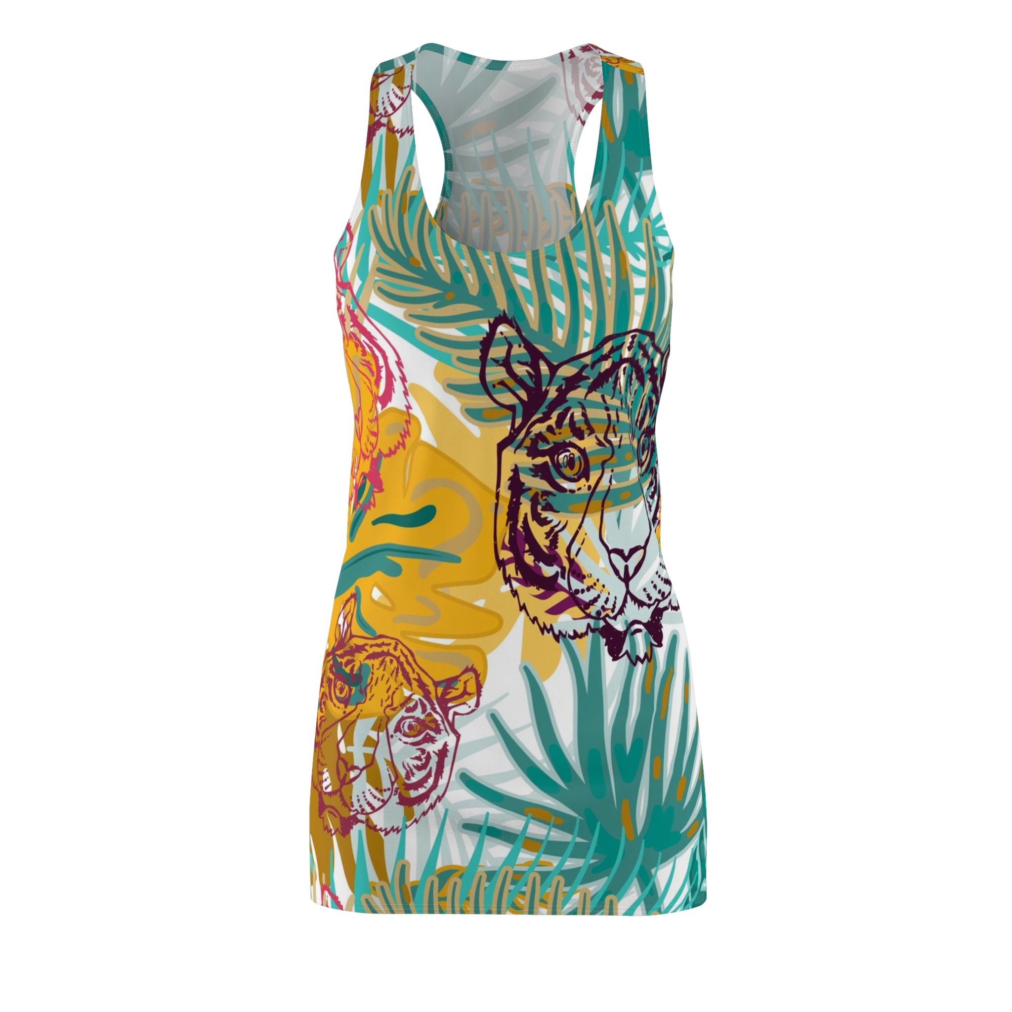 Tropical Jungle Tigers Brown and Green Women's Cut & Sew Racerback Dress (AOP), Artsulli - Art is Long, Life is Short, All Over Prints, Size, XS, , , , , 14544485700149
