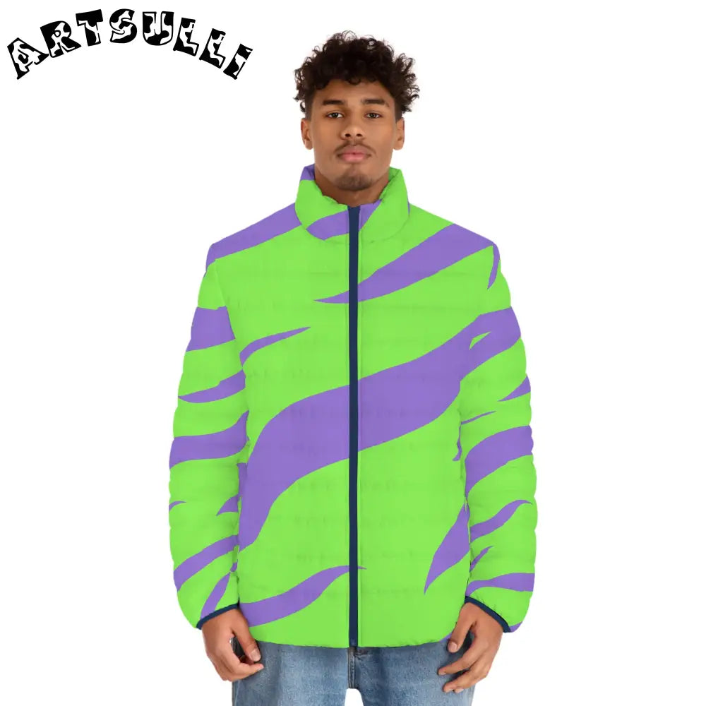 JAKKOUTTHEBXX Tyrannosaurus Print Green and Purple Men’s Puffer