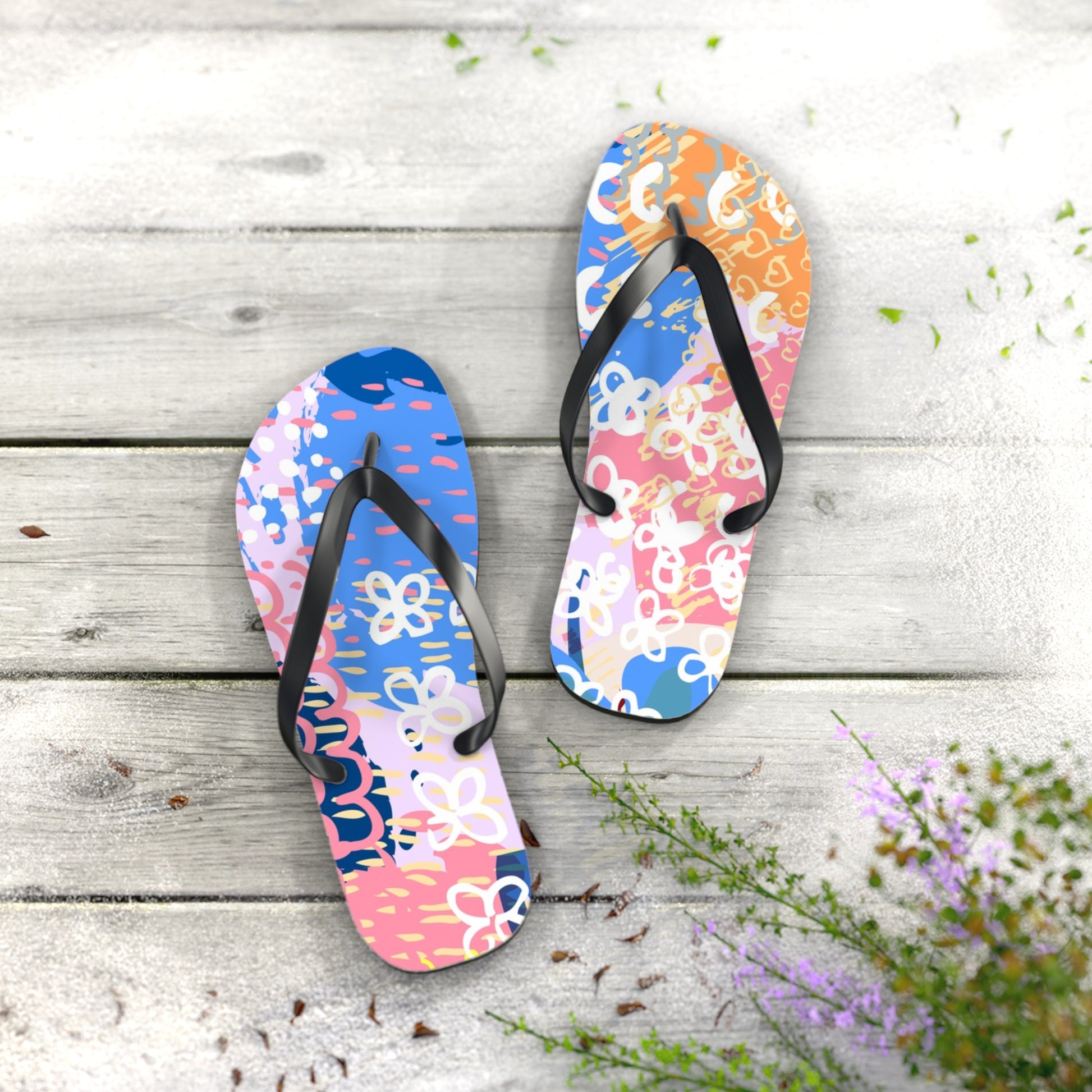 Flowers x Doodles x Hearts Multi-Color Flip Flops, Artsulli - Art is Long, Life is Short, Shoes, , , , , , , 
