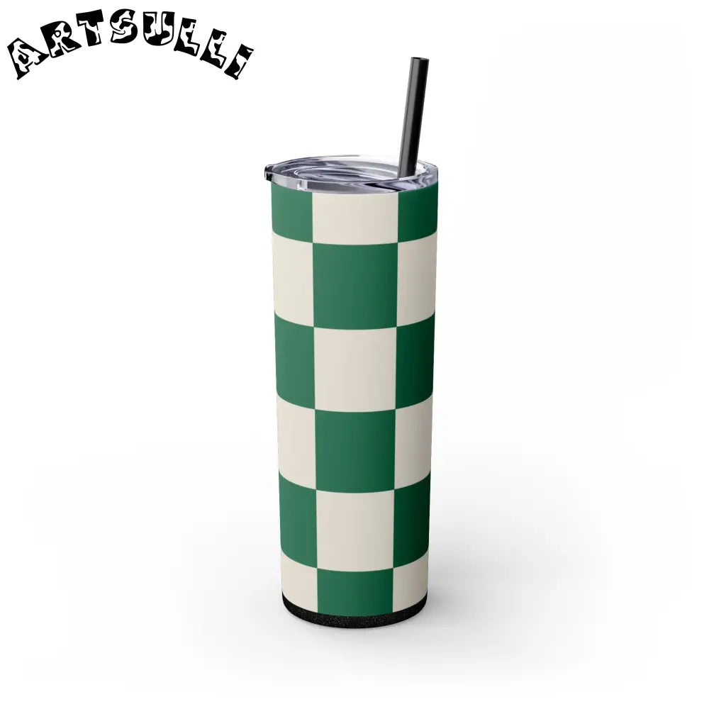 JAKKOUTTHEBXX Checkerboard Dark Green Skinny Tumbler with Straw 20oz