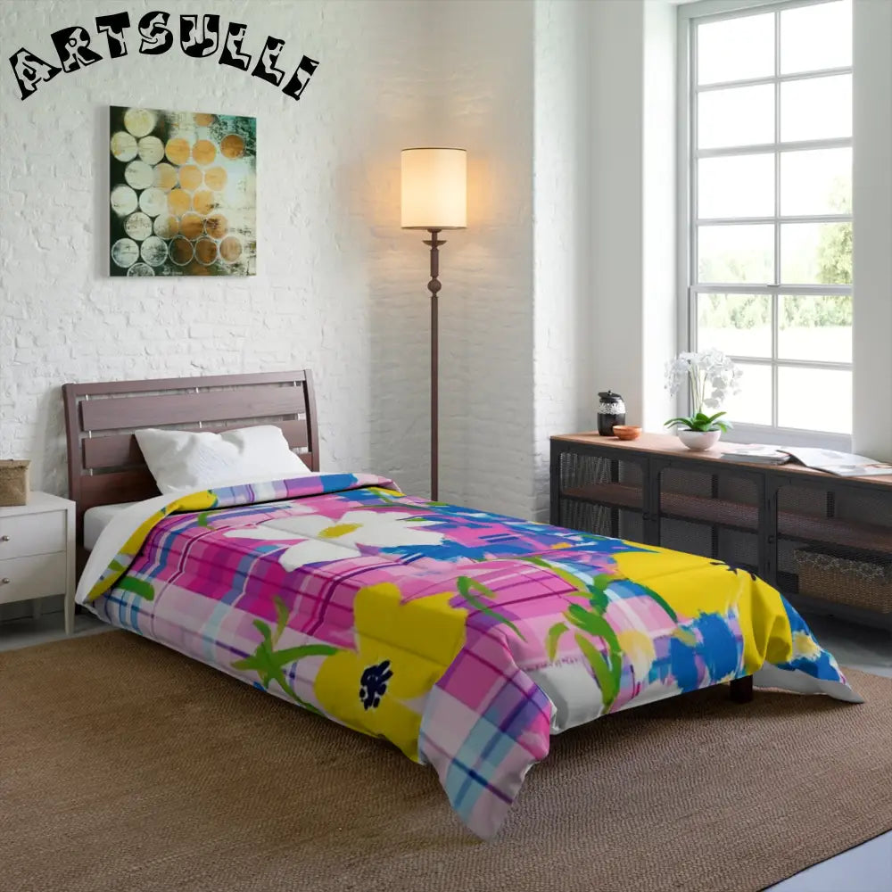 JAKKOUTTHEBXX Plaid Garden Pink and Purple Comforter JAKKOUTTHEBXX