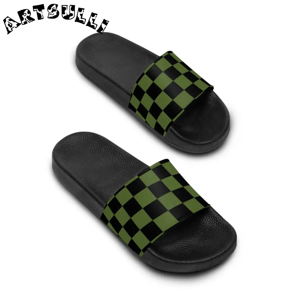 JAKKOUTTHEBXX Checkerboard Olive Green and Black Men’s Slide Sandals