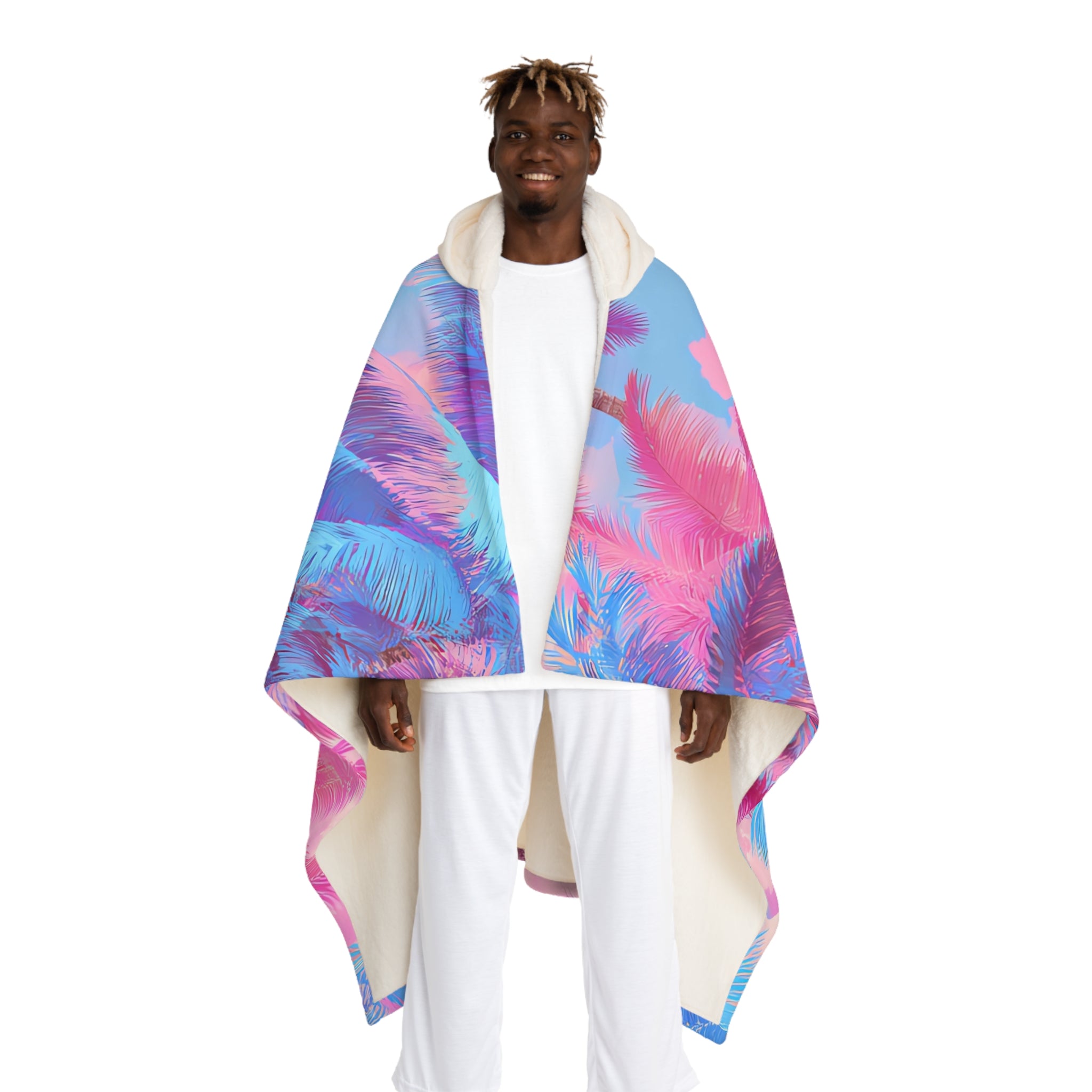 Ethereal Pastel Palms II Blue and Pink Hooded Sherpa Fleece Blanket, Artsulli - Art is Long, Life is Short, All Over Prints, Size, One size, Color, Cream, , , 93857972778063920299