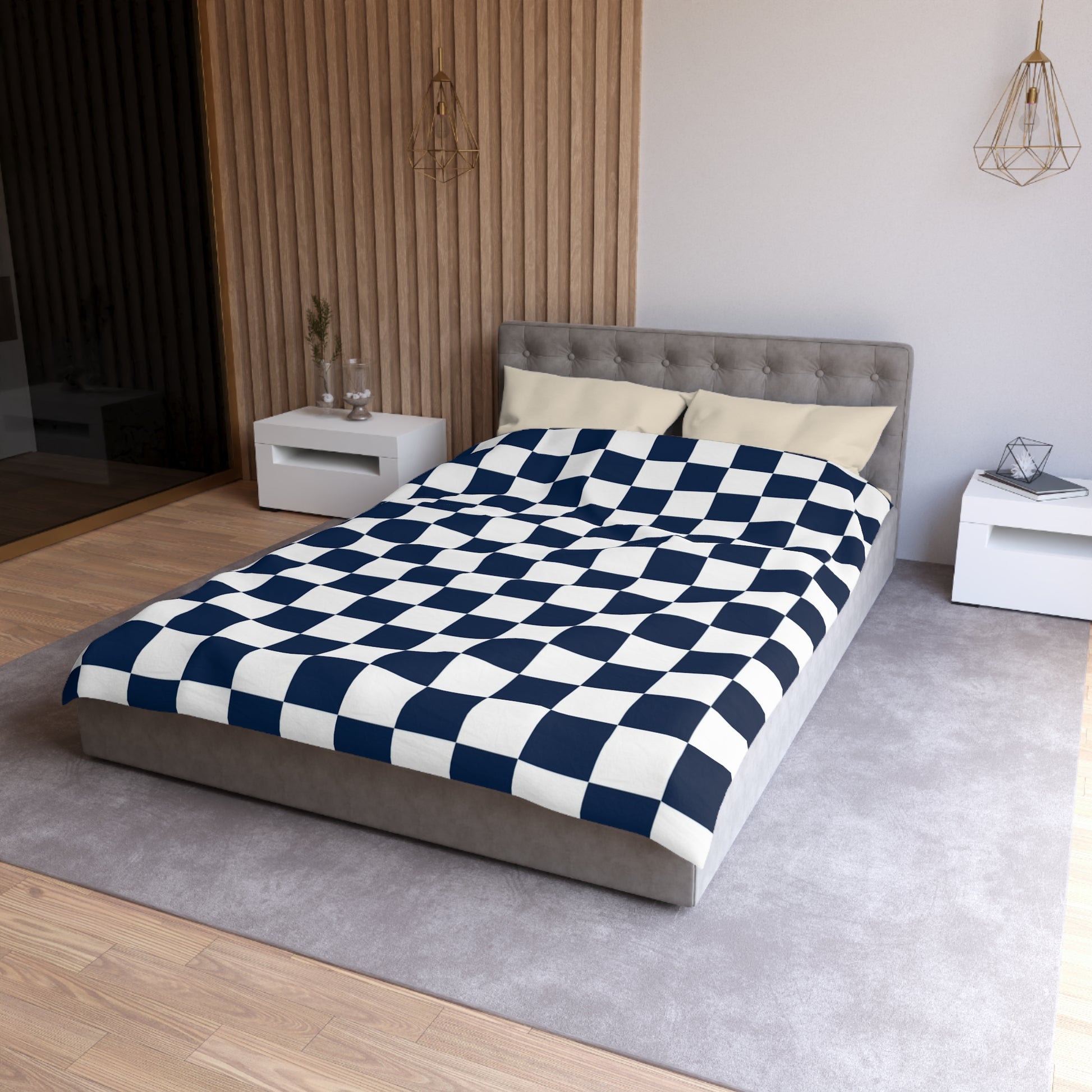 Checkerboard White and Navy Blue Microfiber Duvet Cover, Artsulli - Art is Long, Life is Short, Home Decor, , , , , , , 