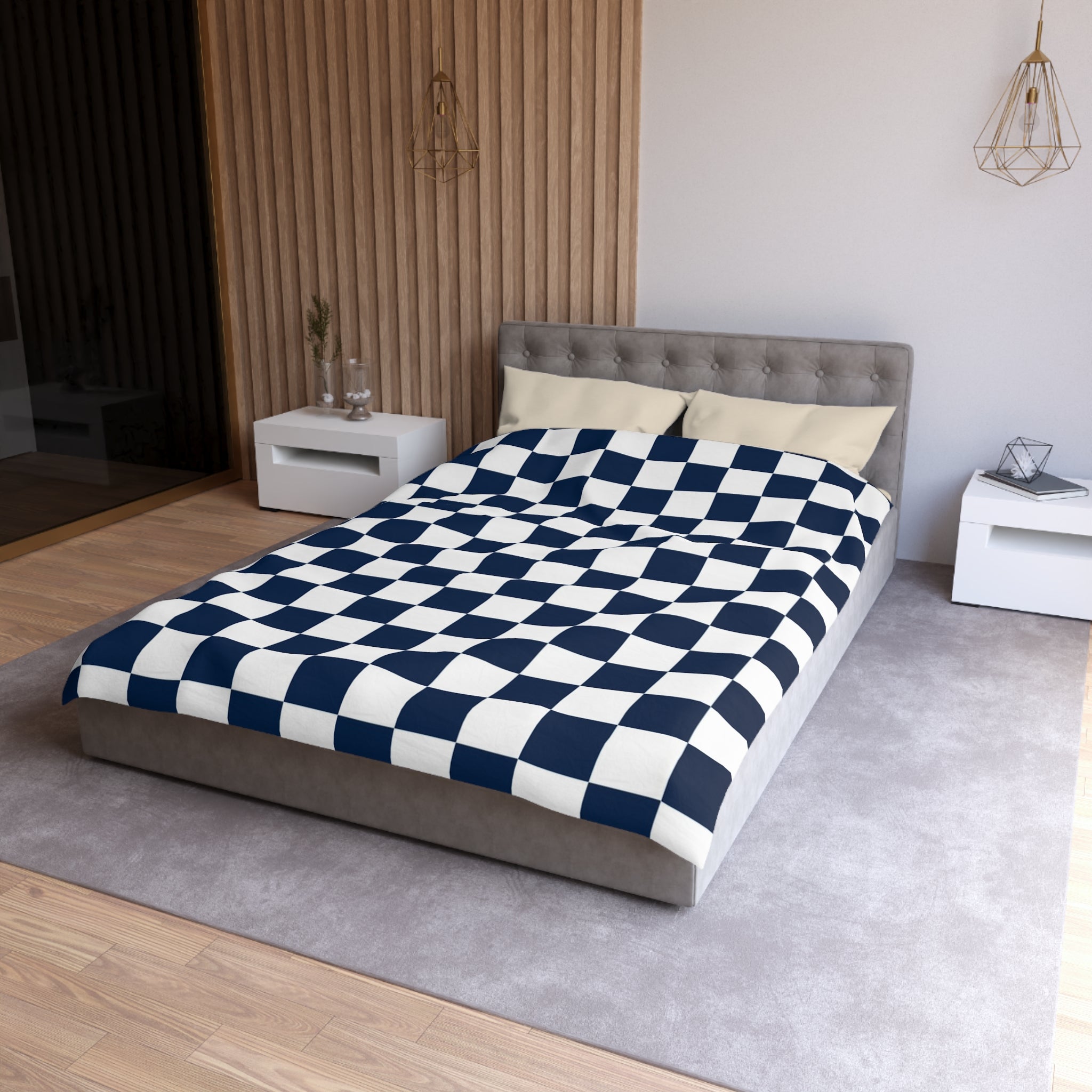 Checkerboard White and Navy Blue Microfiber Duvet Cover, Artsulli - Art is Long, Life is Short, Home Decor, , , , , , , 