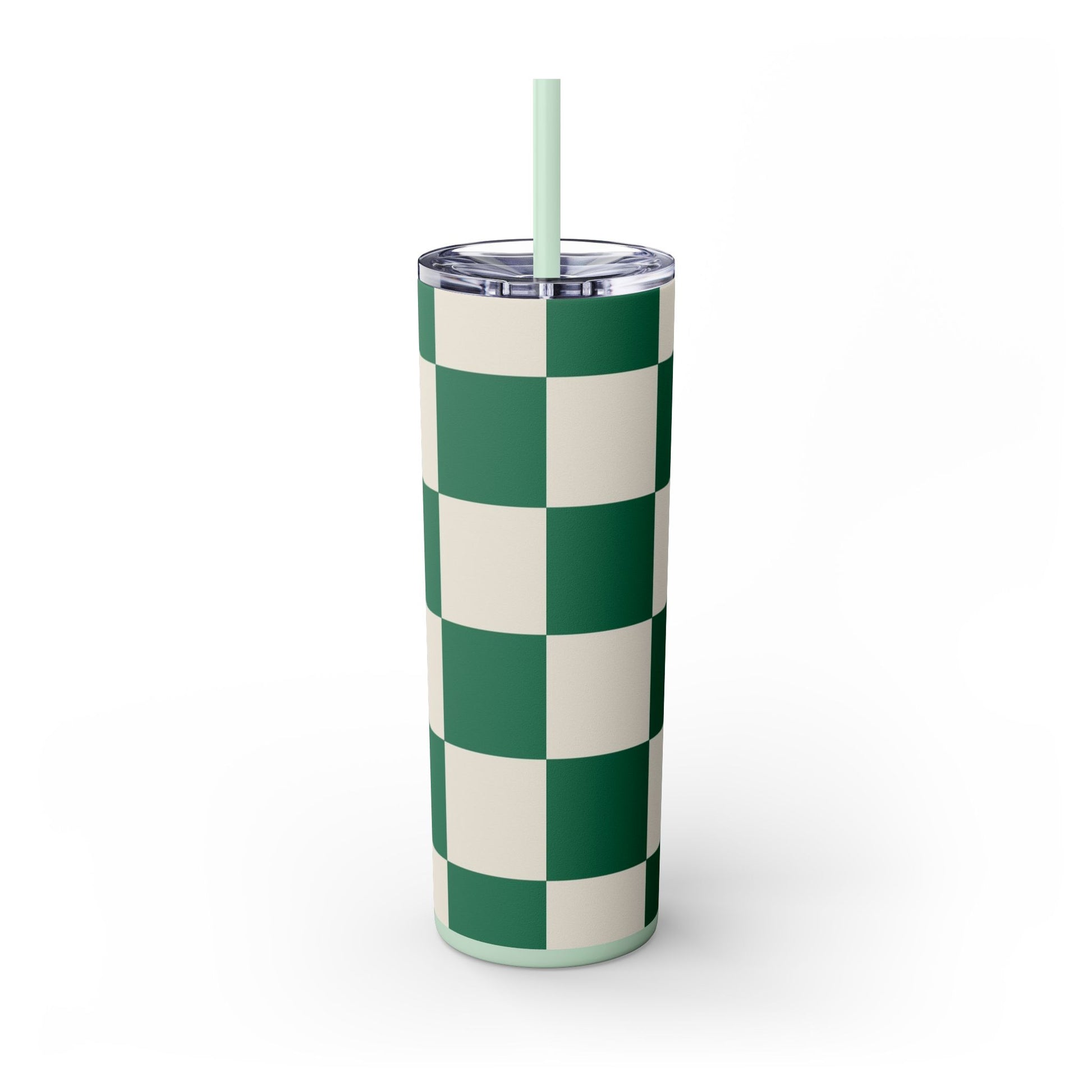 Checkerboard Dark Green Skinny Tumbler with Straw, 20oz, Artsulli - Art is Long, Life is Short, Mug, , , , , , , 