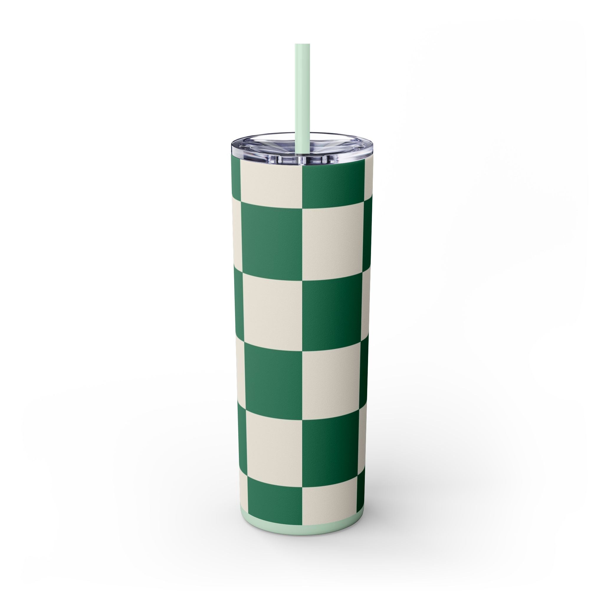Checkerboard Dark Green Skinny Tumbler with Straw, 20oz, Artsulli - Art is Long, Life is Short, Mug, , , , , , , 