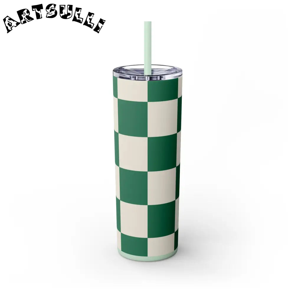 JAKKOUTTHEBXX Checkerboard Dark Green Skinny Tumbler with Straw 20oz