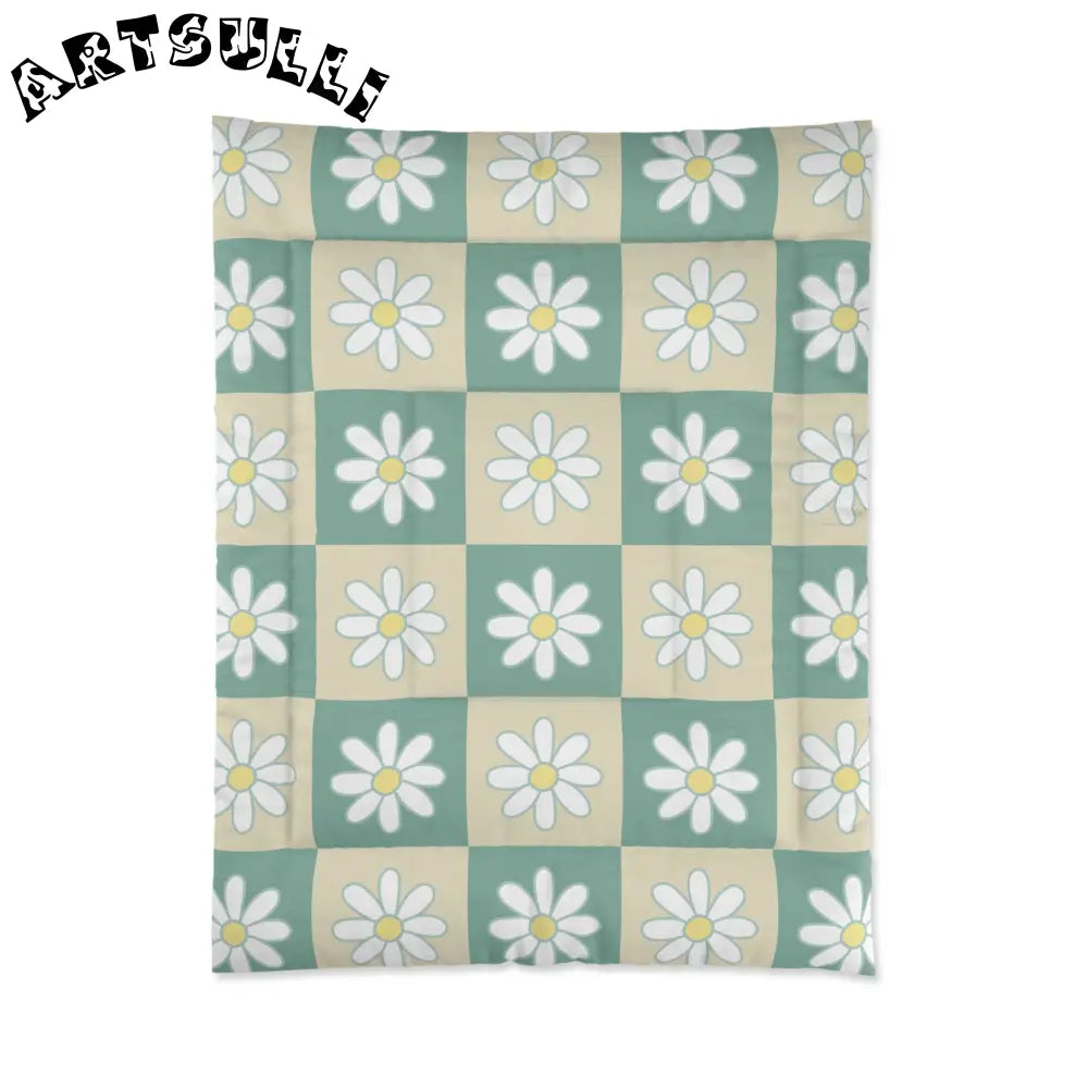 JAKKOUTTHEBXX Retro Daisy Checkerboard Green and Tan Comforter