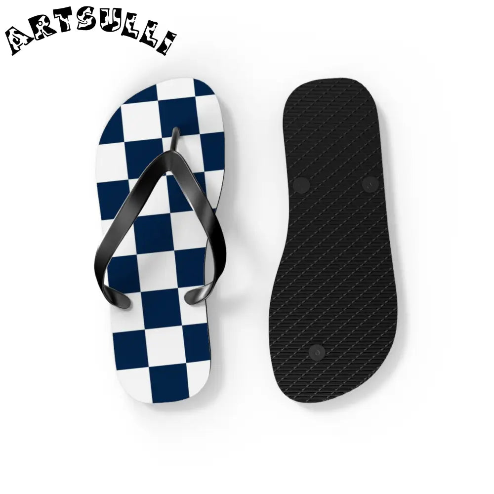 JAKKOUTTHEBXX Checkerboard White and Navy Blue Flip Flops