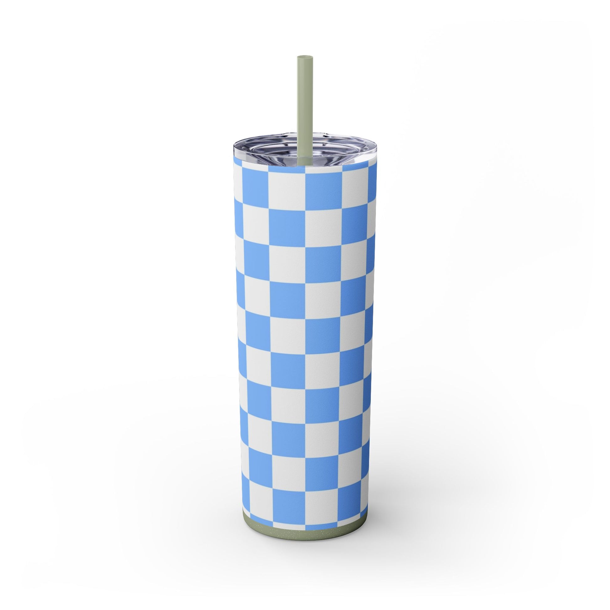 Checkerboard White and Light Blue Skinny Tumbler with Straw, 20oz, Artsulli - Art is Long, Life is Short, Mug, Finish, Glossy, Color, Glitter Seascape, Size, 20oz, 16437791043553366758