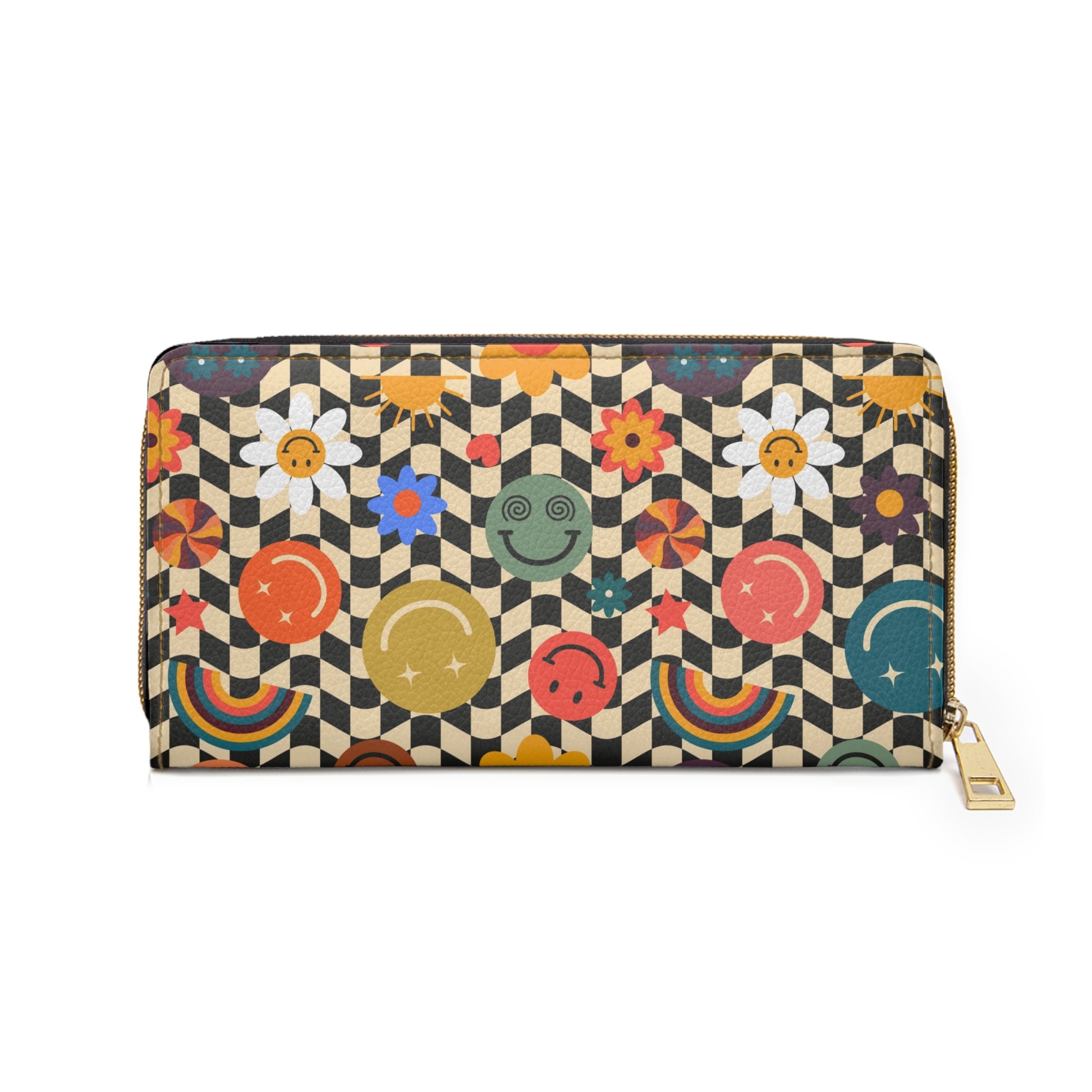 Trippy x Wavy Checkerboard x Smiley Face x Rainbow x Flowers II Multi-Color Zipper Wallet, Artsulli - Art is Long, Life is Short, Accessories, , , , , , , 