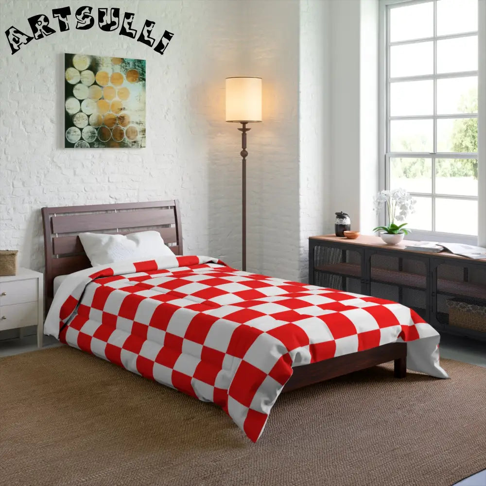 JAKKOUTTHEBXX Checkerboard Red and White Comforter JAKKOUTTHEBXX