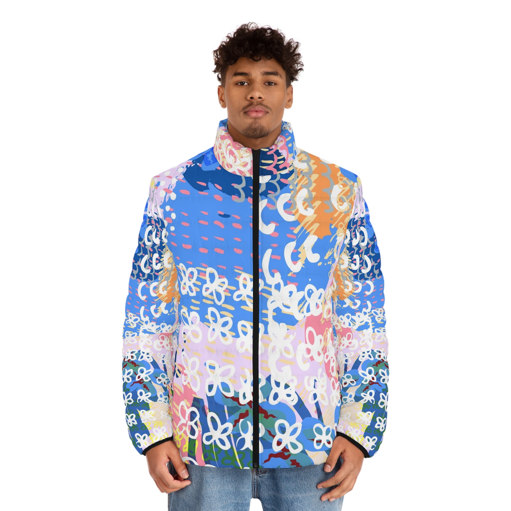 Flowers x Doodles x Hearts Multi-Color Men's Puffer Jacket (AOP), Artsulli - Art is Long, Life is Short, All Over Prints, , , , , , , 