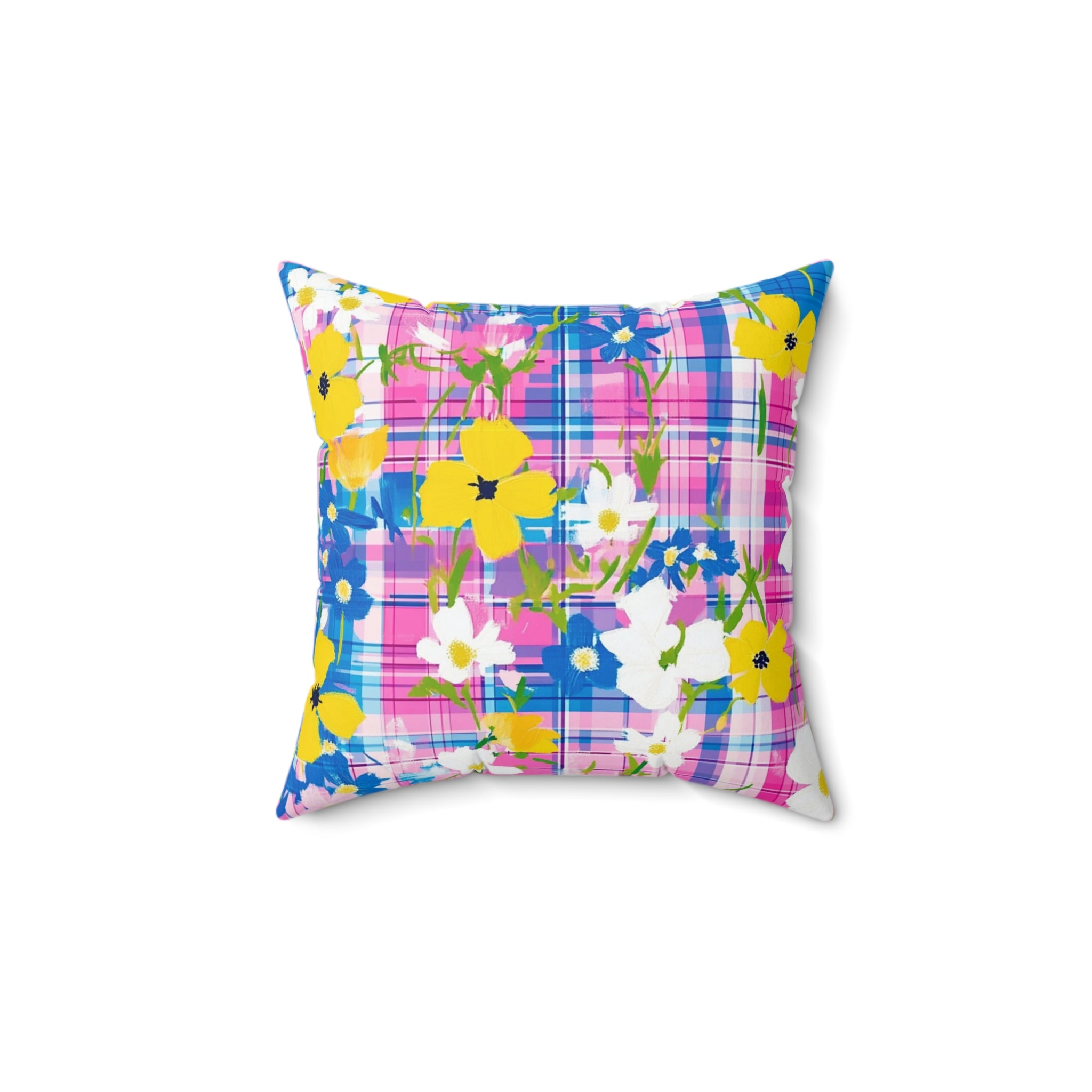 Plaid Garden III Pink and Blue Spun Polyester Square Pillow, Artsulli - Art is Long, Life is Short, Home Decor, Size, 14" × 14", , , , , 91820792543777
