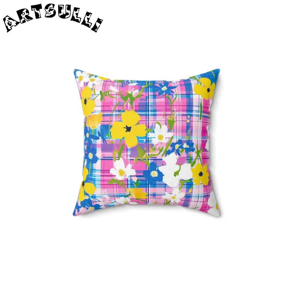 JAKKOUTTHEBXX Plaid Garden III Pink and Blue Spun Polyester Square