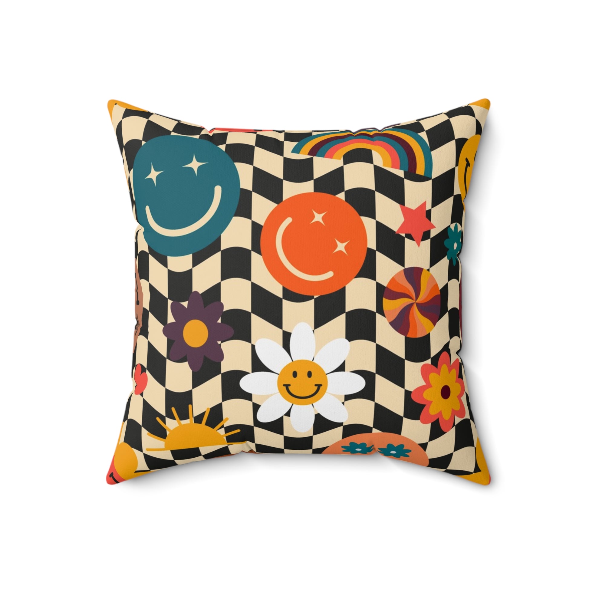 Trippy x Wavy Checkerboard x Smiley Face x Rainbow x Flowers Multi-Color Spun Polyester Square Pillow, Artsulli - Art is Long, Life is Short, Home Decor, , , , , , , 