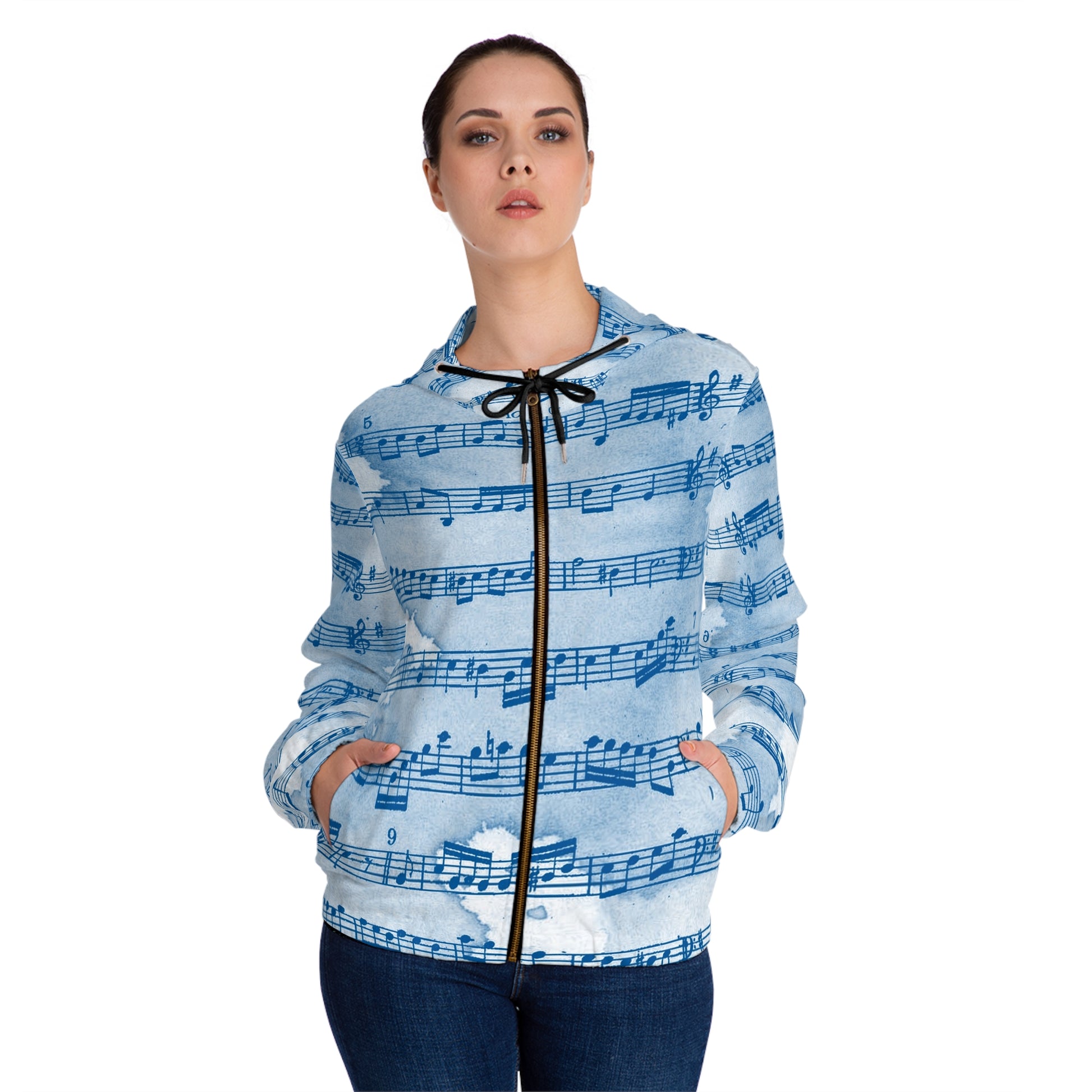 Drip Spill Type Beat Sheet Music Blue Women’s Full-Zip Hoodie (AOP), Artsulli - Art is Long, Life is Short, All Over Prints, , , , , , , 