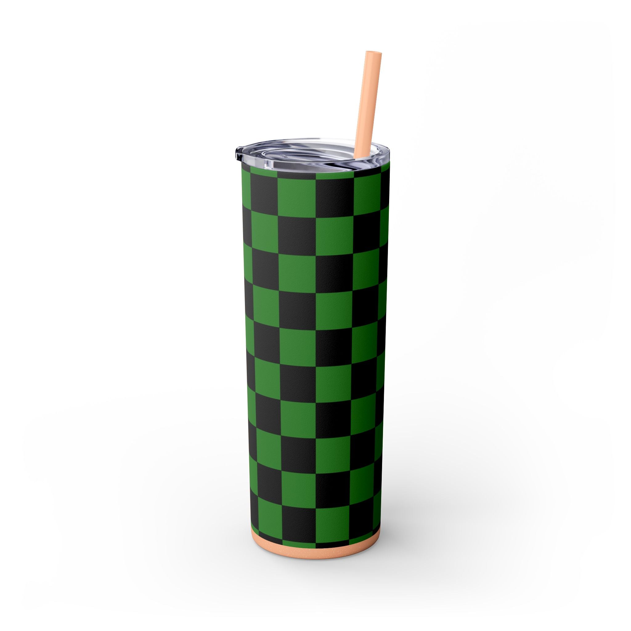 Checkerboard Green and Black Skinny Tumbler with Straw, 20oz, Artsulli - Art is Long, Life is Short, Mug, , , , , , , 