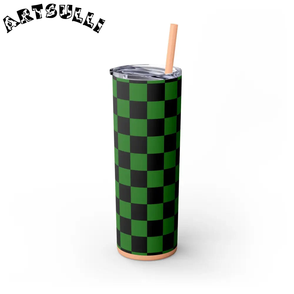 JAKKOUTTHEBXX Checkerboard Green and Black Skinny Tumbler with Straw