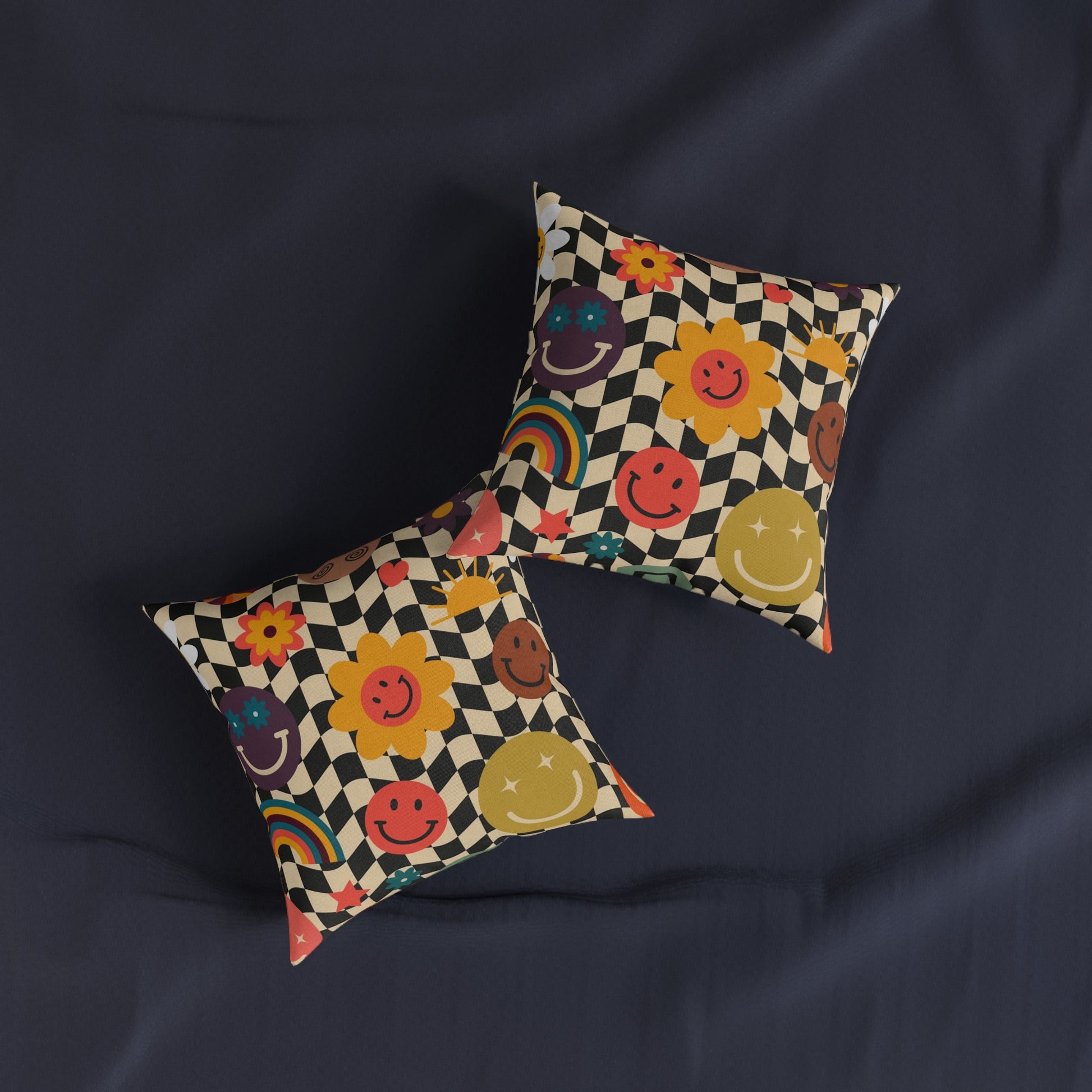 Trippy x Wavy Checkerboard x Smiley Face x Rainbow x Flowers Multi-Color Square Pillow, Artsulli - Art is Long, Life is Short, Home Decor, , , , , , , 