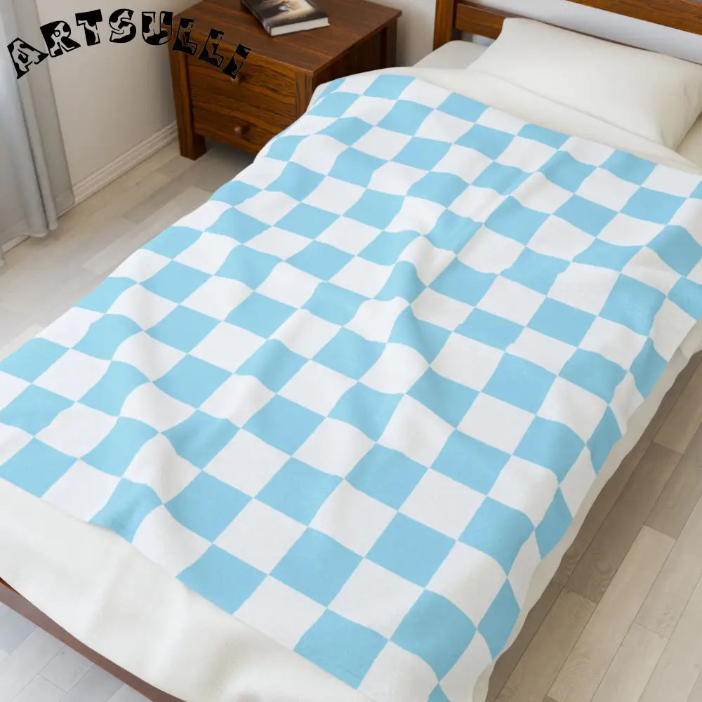JAKKOUTTHEBXX Checkerboard Sky Blue Velveteen Plush Blanket