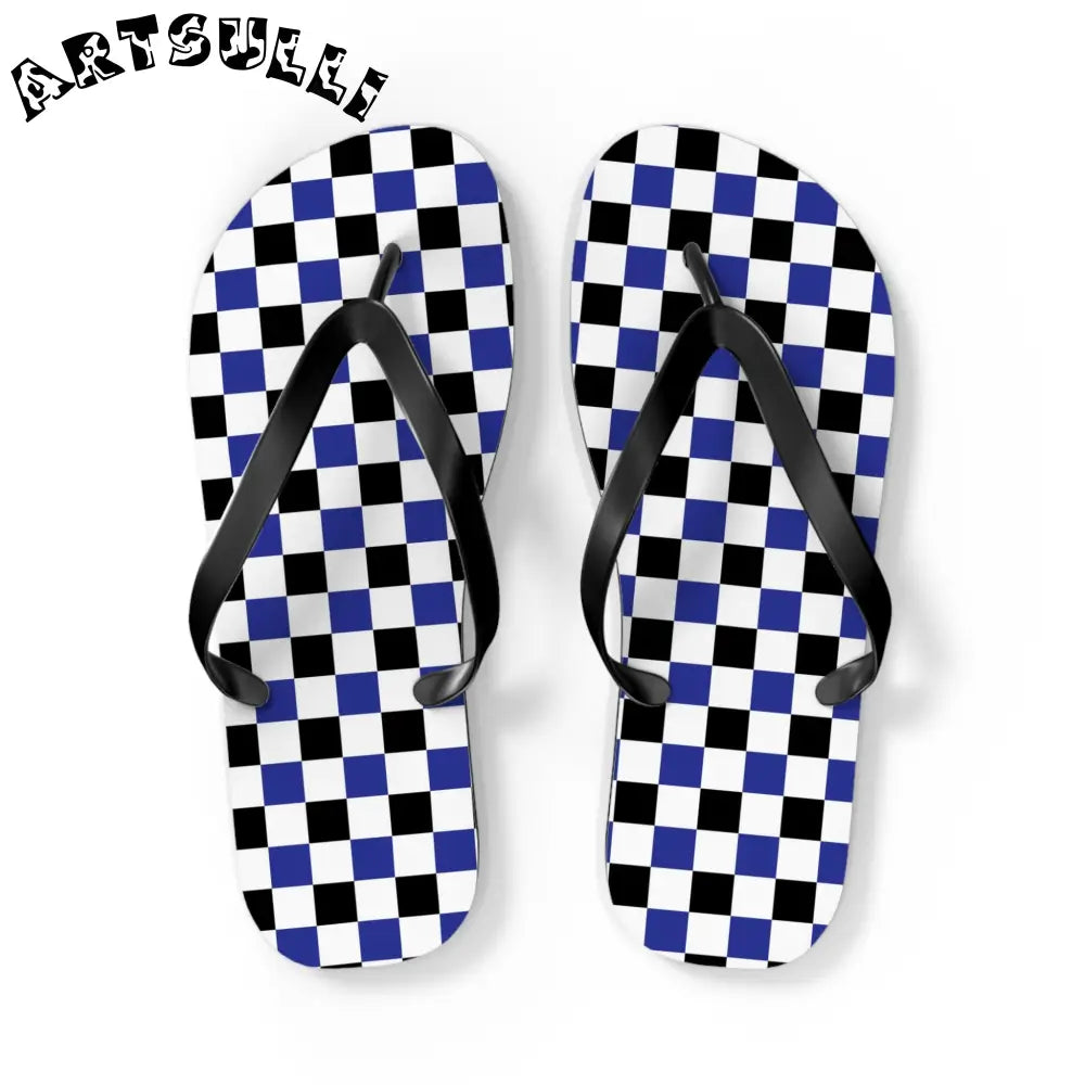 JAKKOUTTHEBXX Checkerboard Blue White and Black Flip Flops