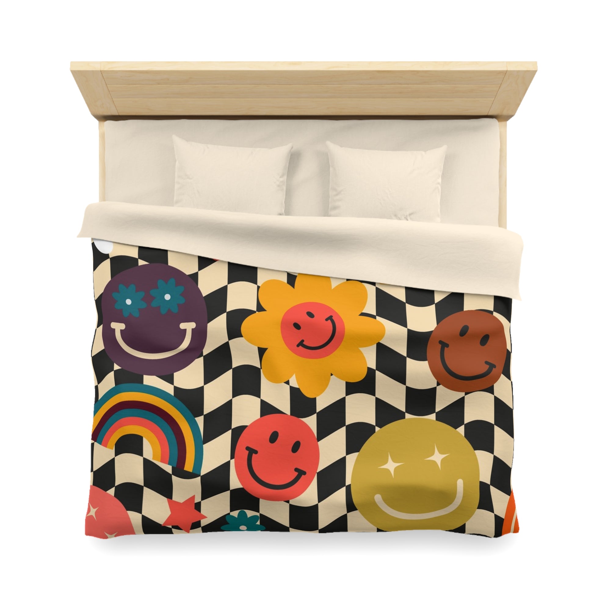 Trippy x Wavy Checkerboard x Smiley Face x Rainbow x Flowers Multi-Color Microfiber Duvet Cover, Artsulli - Art is Long, Life is Short, Home Decor, , , , , , , 