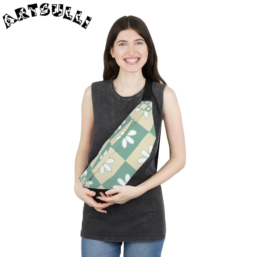 JAKKOUTTHEBXX Retro Daisy Checkerboard Green and Tan Large Fanny