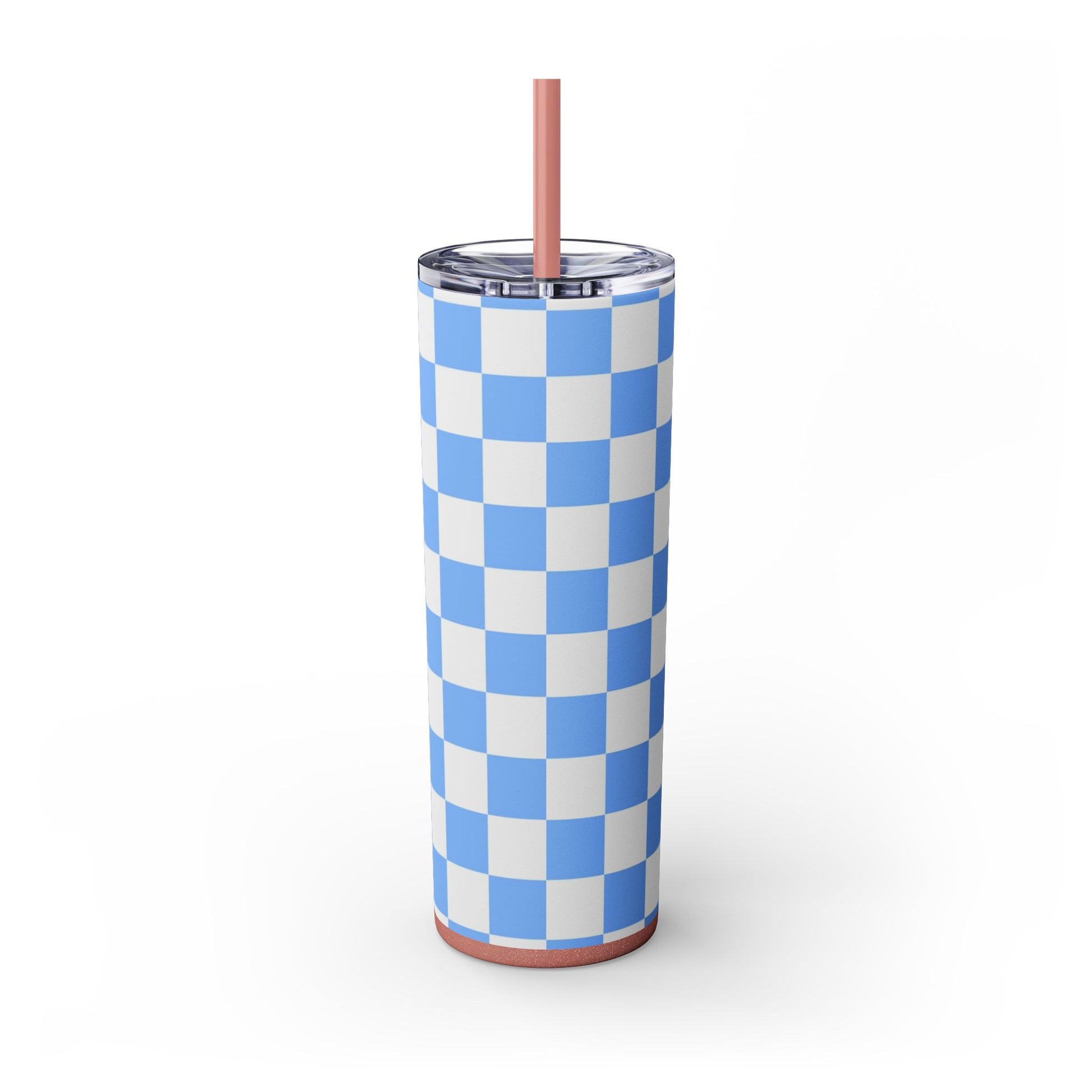 Checkerboard White and Light Blue Skinny Tumbler with Straw, 20oz, Artsulli - Art is Long, Life is Short, Mug, , , , , , , 