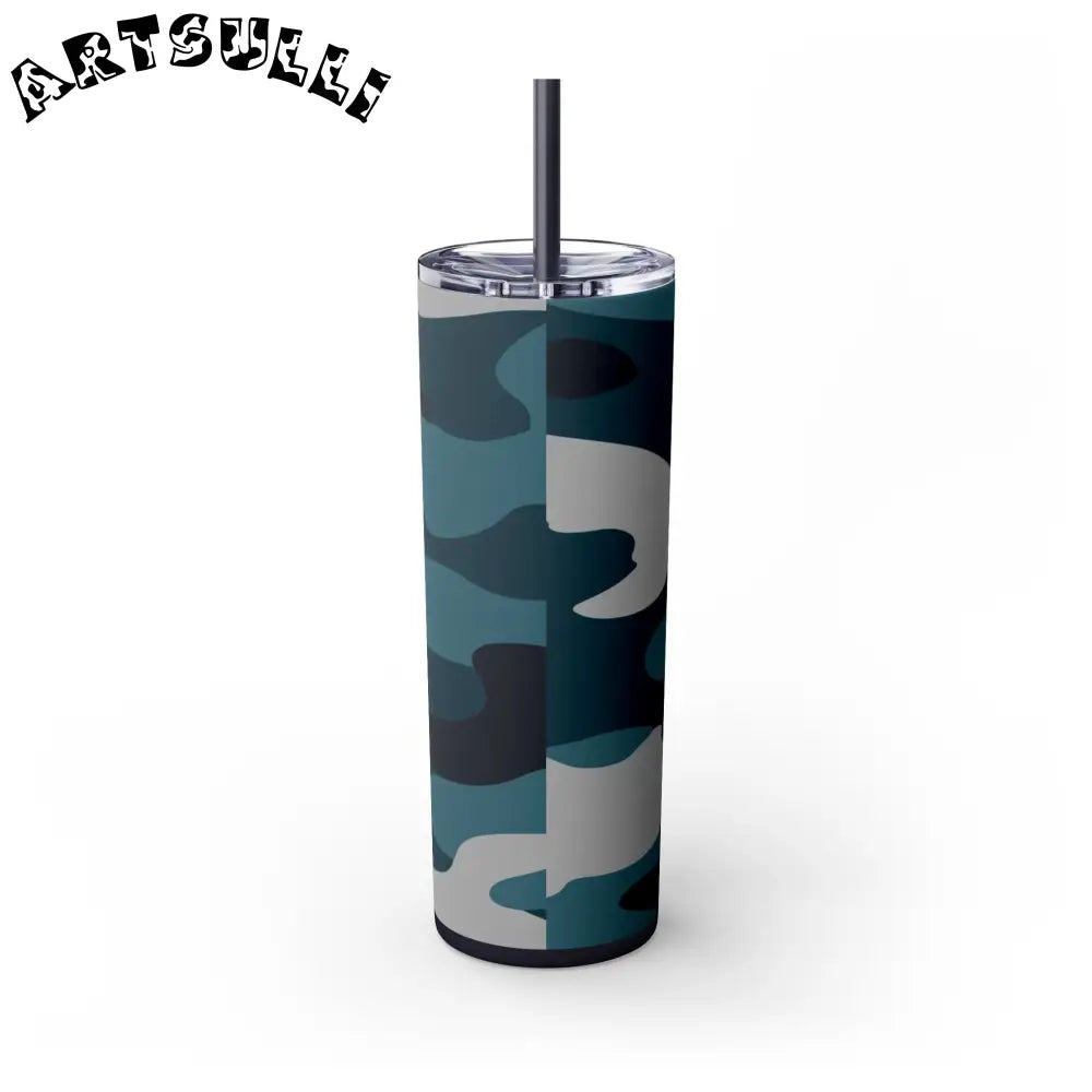 JAKKOUTTHEBXX Blue Camouflage Skinny Tumbler with Straw 20oz