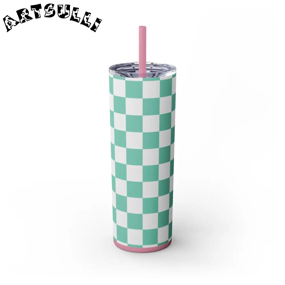 JAKKOUTTHEBXX Checkerboard Light Green Skinny Tumbler with Straw