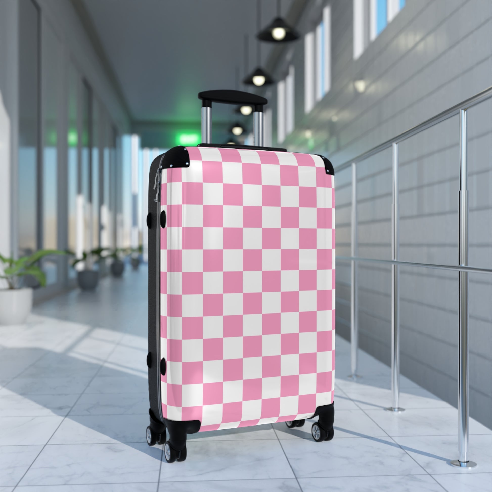 Checkerboard Hot Pink and White Suitcase, Artsulli - Art is Long, Life is Short, Bags, , , , , , , 