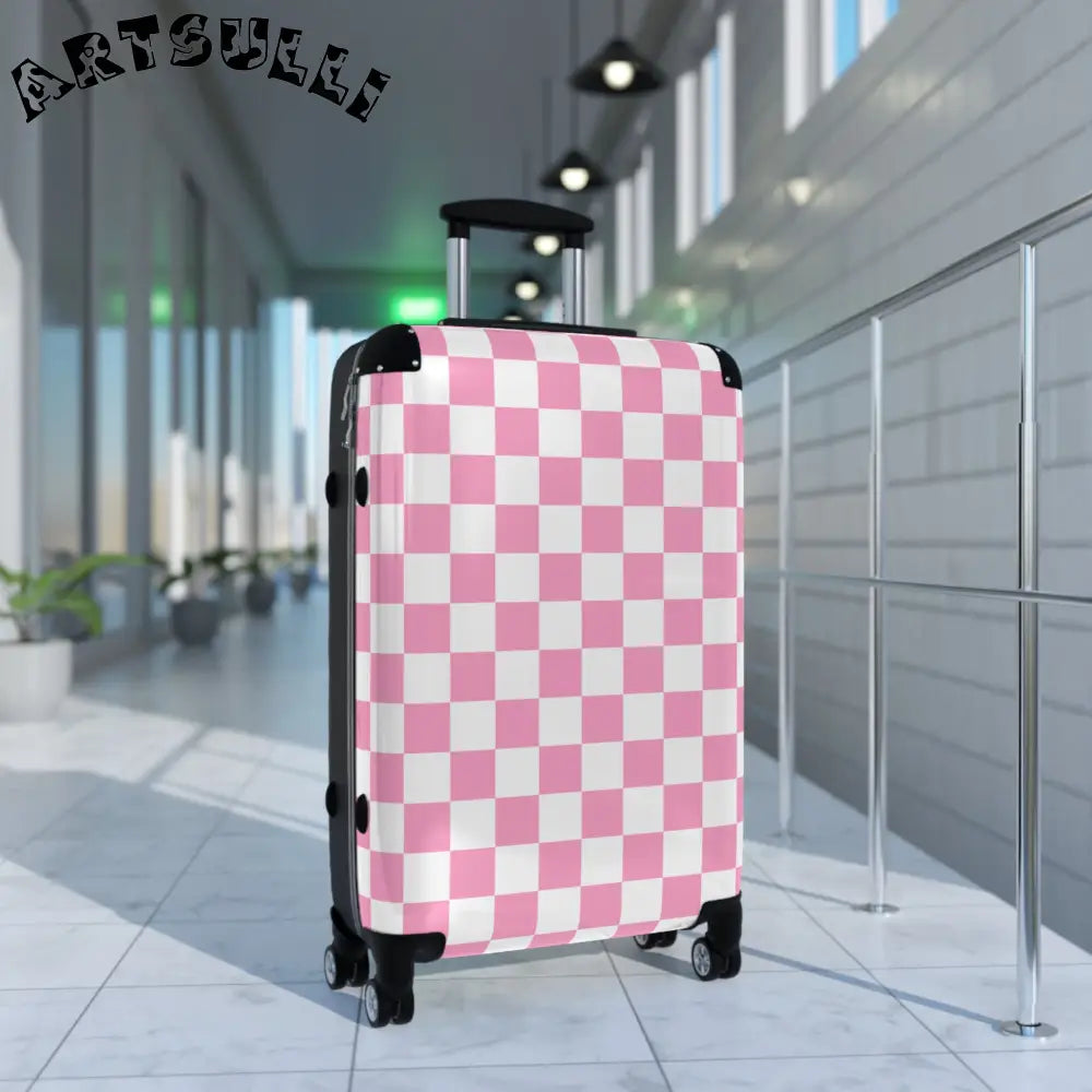 JAKKOUTTHEBXX Checkerboard Hot Pink and White Suitcase JAKKOUTTHEBXX