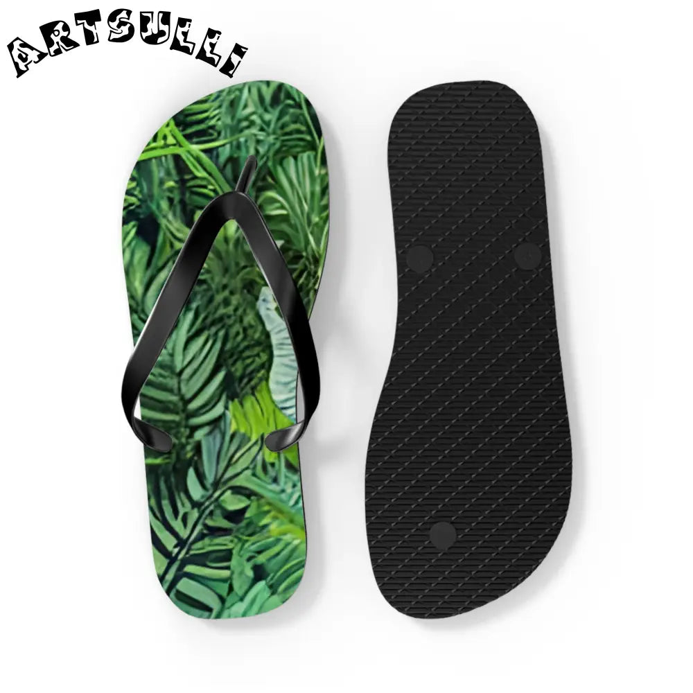 JAKKOUTTHEBXX Black Strapped Flip Flops with Green Leaf Pattern