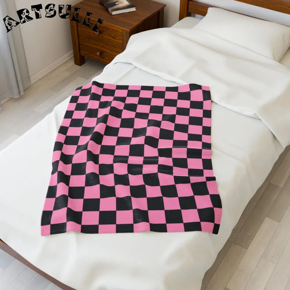 JAKKOUTTHEBXX Checkerboard Black and Pink Velveteen Plush Blanket