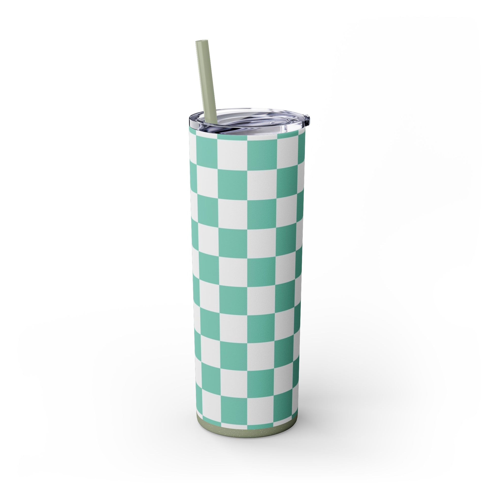 Checkerboard Light Green Skinny Tumbler with Straw, 20oz, Artsulli - Art is Long, Life is Short, Mug, , , , , , , 