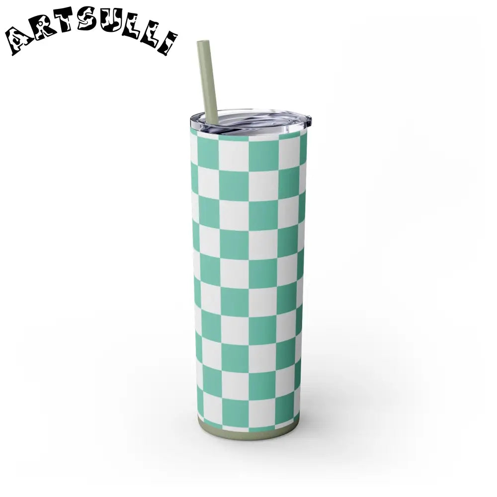 JAKKOUTTHEBXX Checkerboard Light Green Skinny Tumbler with Straw