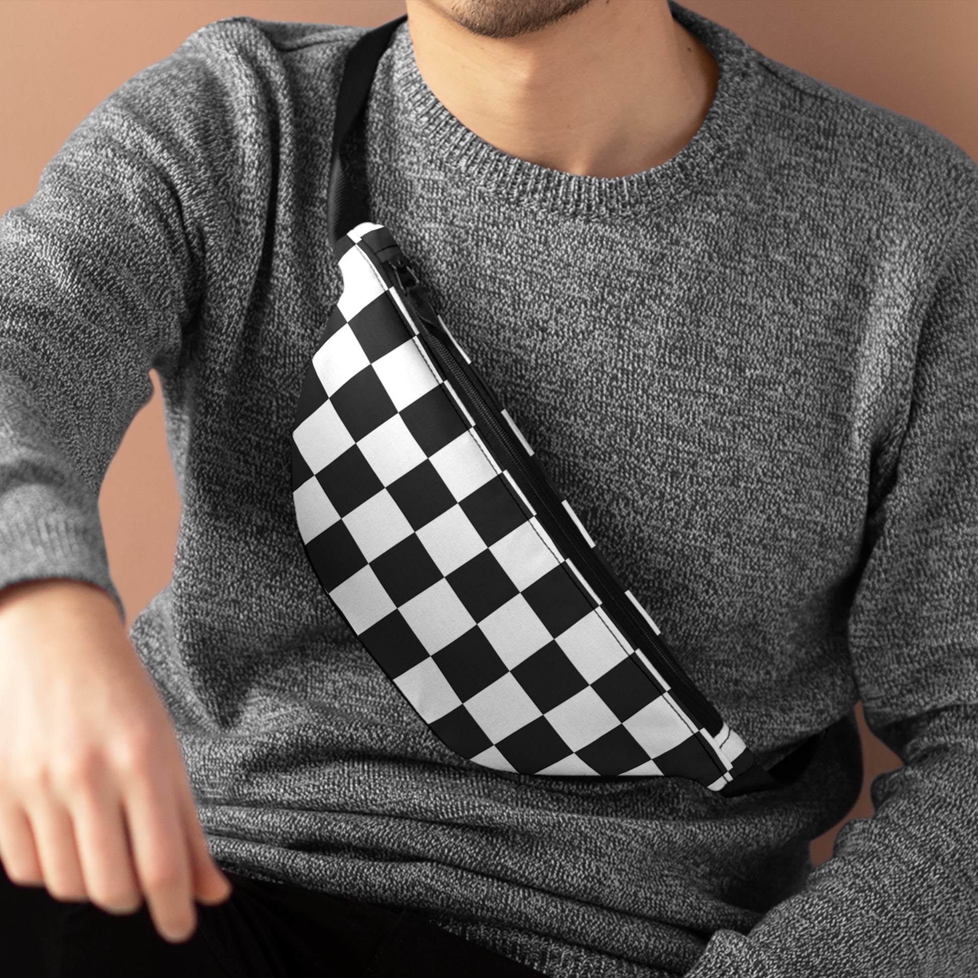 Checkerboard White and Black Fanny Pack, Artsulli - Art is Long, Life is Short, Bags, , , , , , , 
