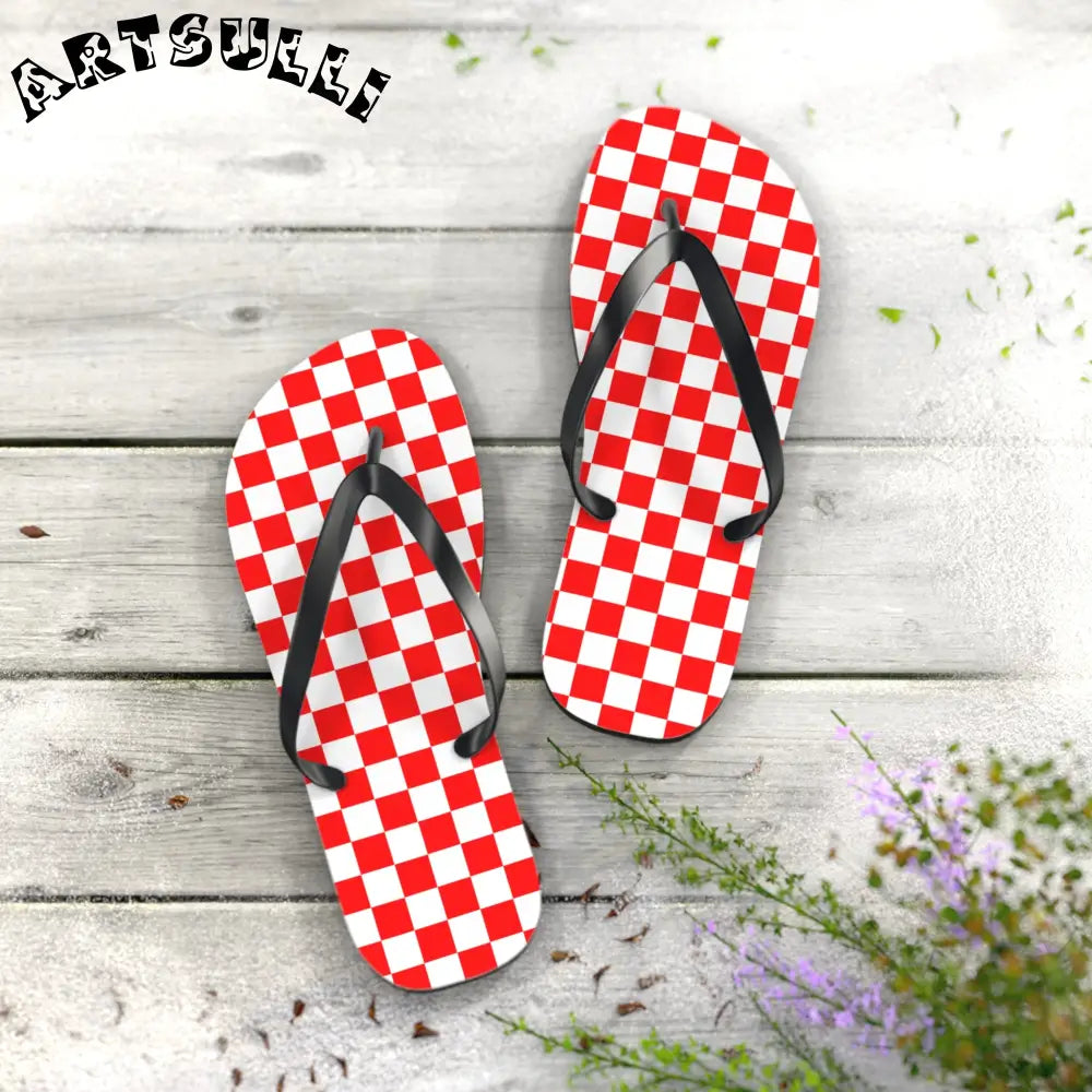 JAKKOUTTHEBXX Checkerboard II Red and White Flip Flops JAKKOUTTHEBXX