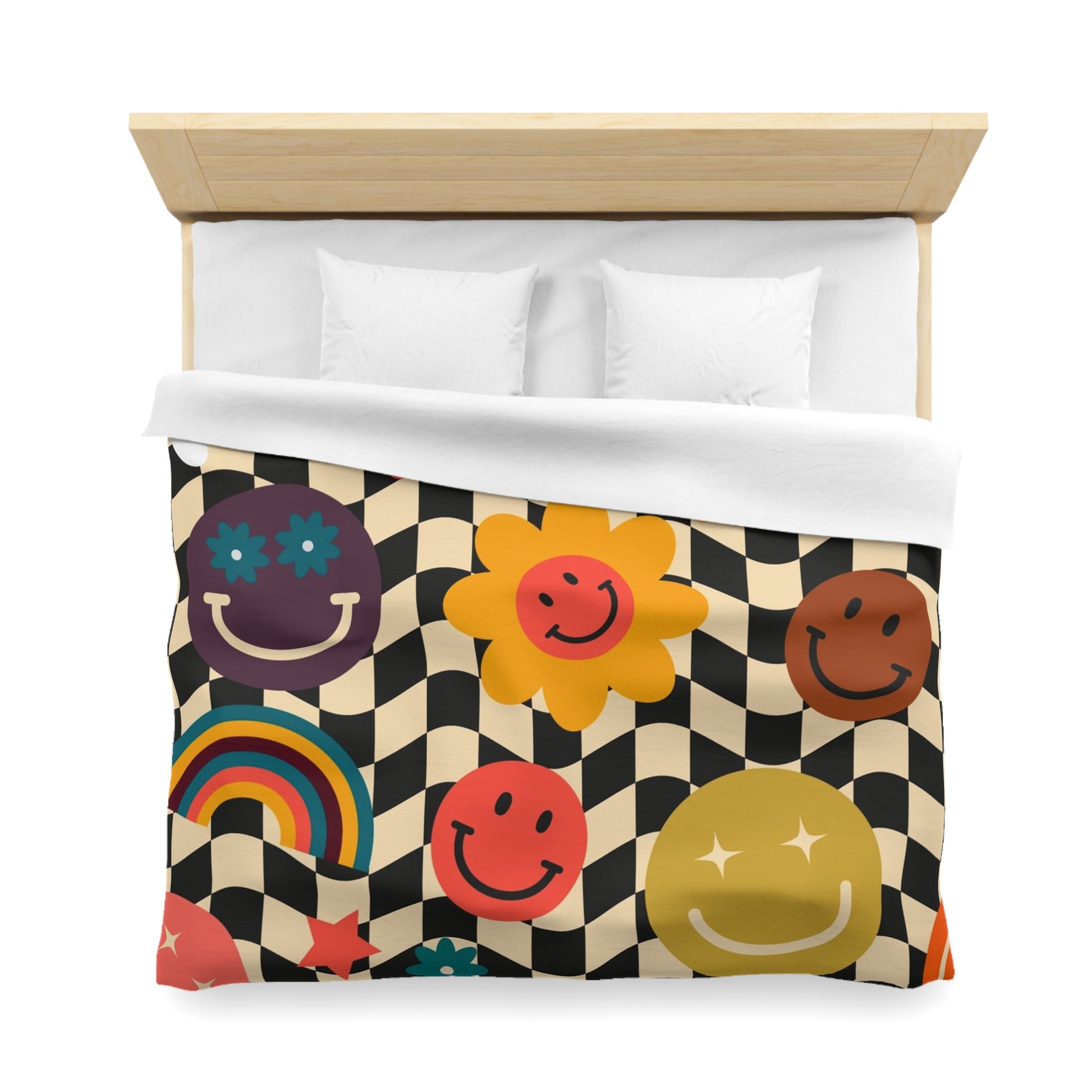 Trippy x Wavy Checkerboard x Smiley Face x Rainbow x Flowers Multi-Color Microfiber Duvet Cover, Artsulli - Art is Long, Life is Short, Home Decor, , , , , , , 