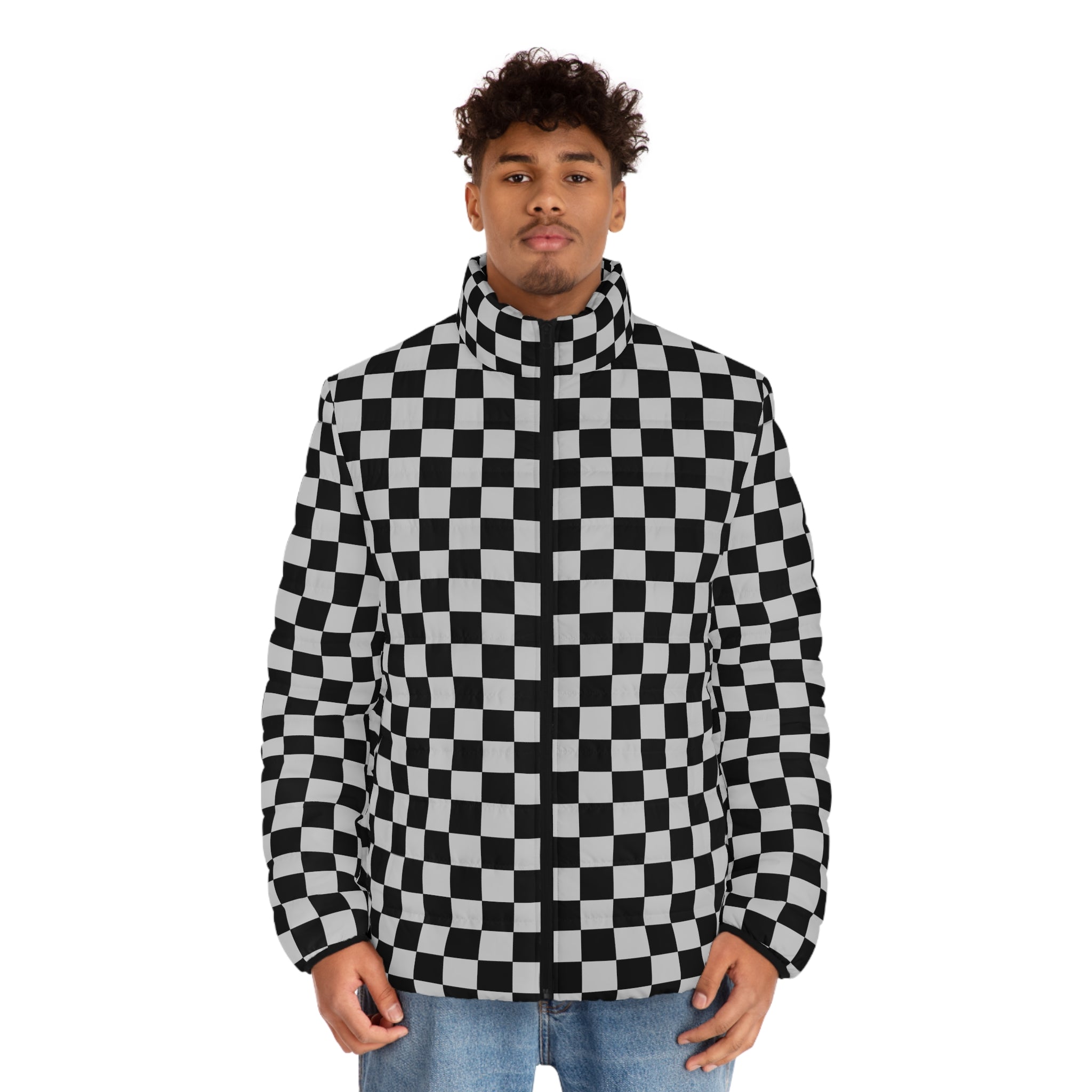 Checkerboard Dada Black and Light Gray Men's Puffer Jacket (AOP), Artsulli - Art is Long, Life is Short, All Over Prints, , , , , , , 