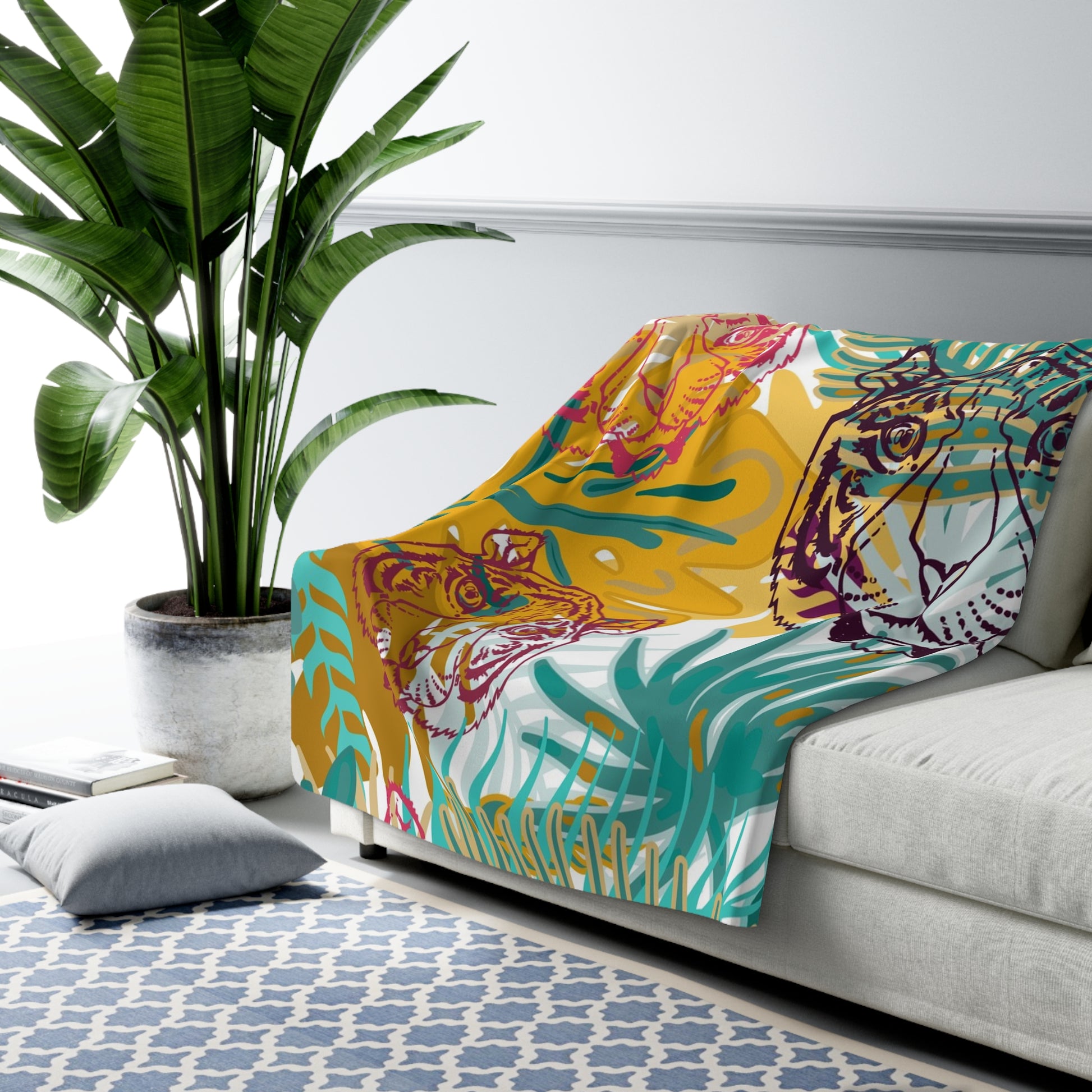 Tropical Jungle Tigers Brown and Green Sherpa Fleece Blanket, Artsulli - Art is Long, Life is Short, Home Decor, , , , , , , 
